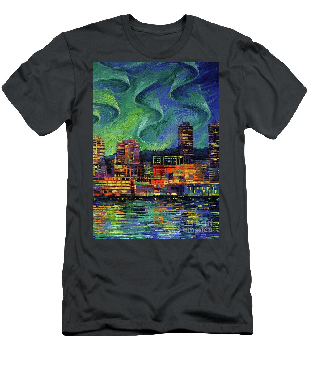 Seattle Skyline T-Shirt featuring the painting AURORA BOREALIS OVER SEATTLE palette knife oil painting Mona Edulesco by Mona Edulesco