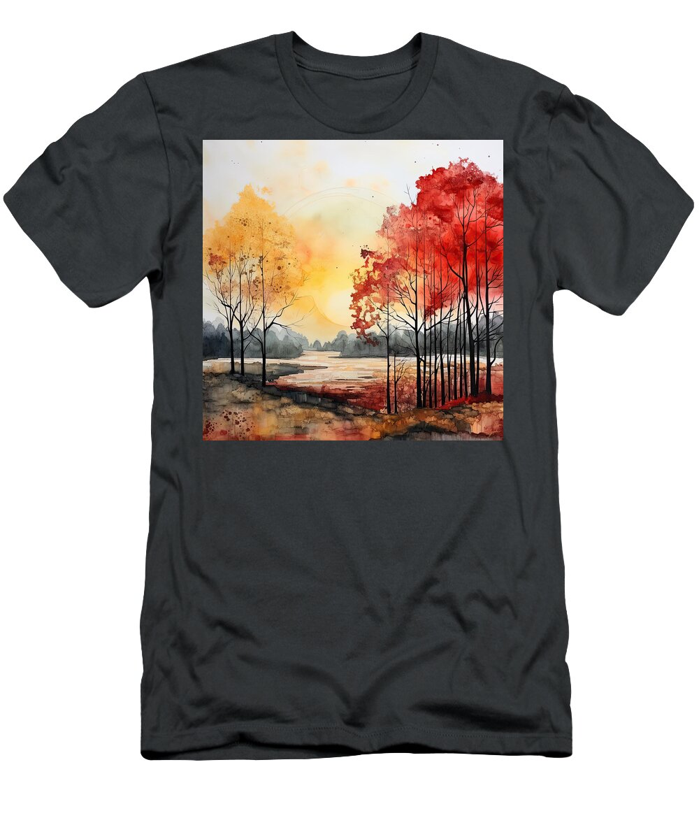 Red And Gray T-Shirt featuring the digital art Autumn Glow - Yellow and Red Wall Art by Lourry Legarde