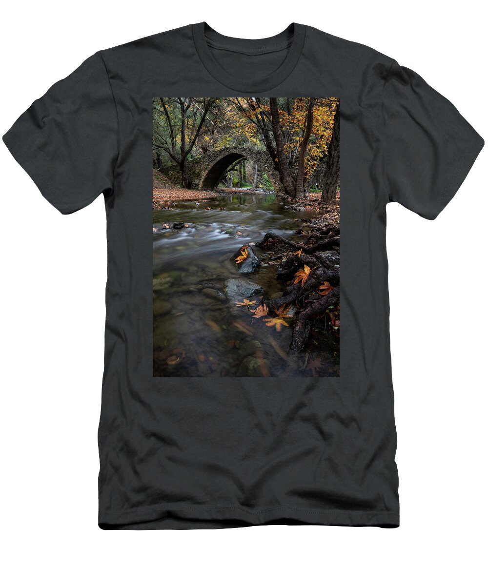 Autumn T-Shirt featuring the photograph Autumn landscape with river flowing under a stoned bridge by Michalakis Ppalis