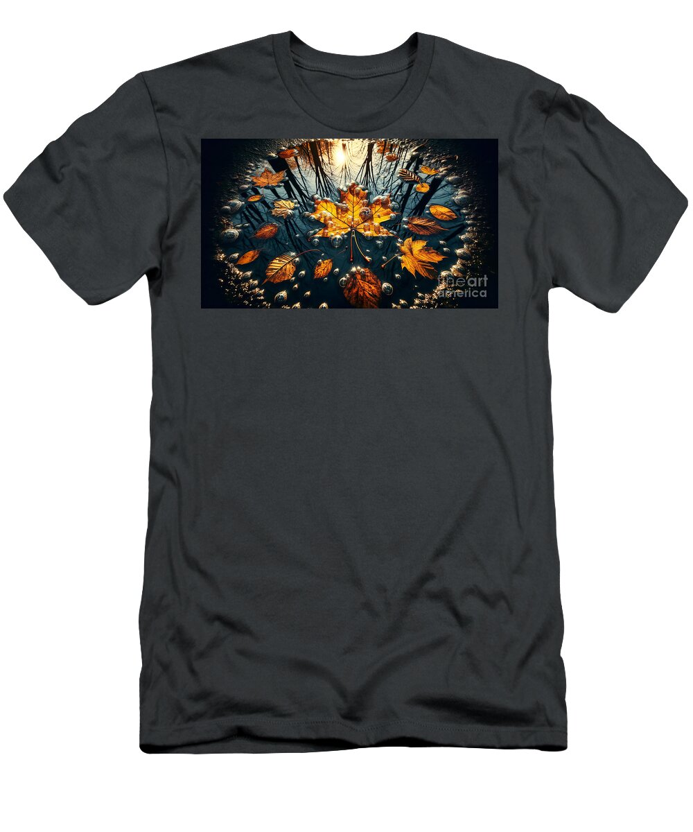 Autumn T-Shirt featuring the digital art Autumn leaves float on dark water with bubbles and a luminous reflection of trees against a sunset. by Odon Czintos