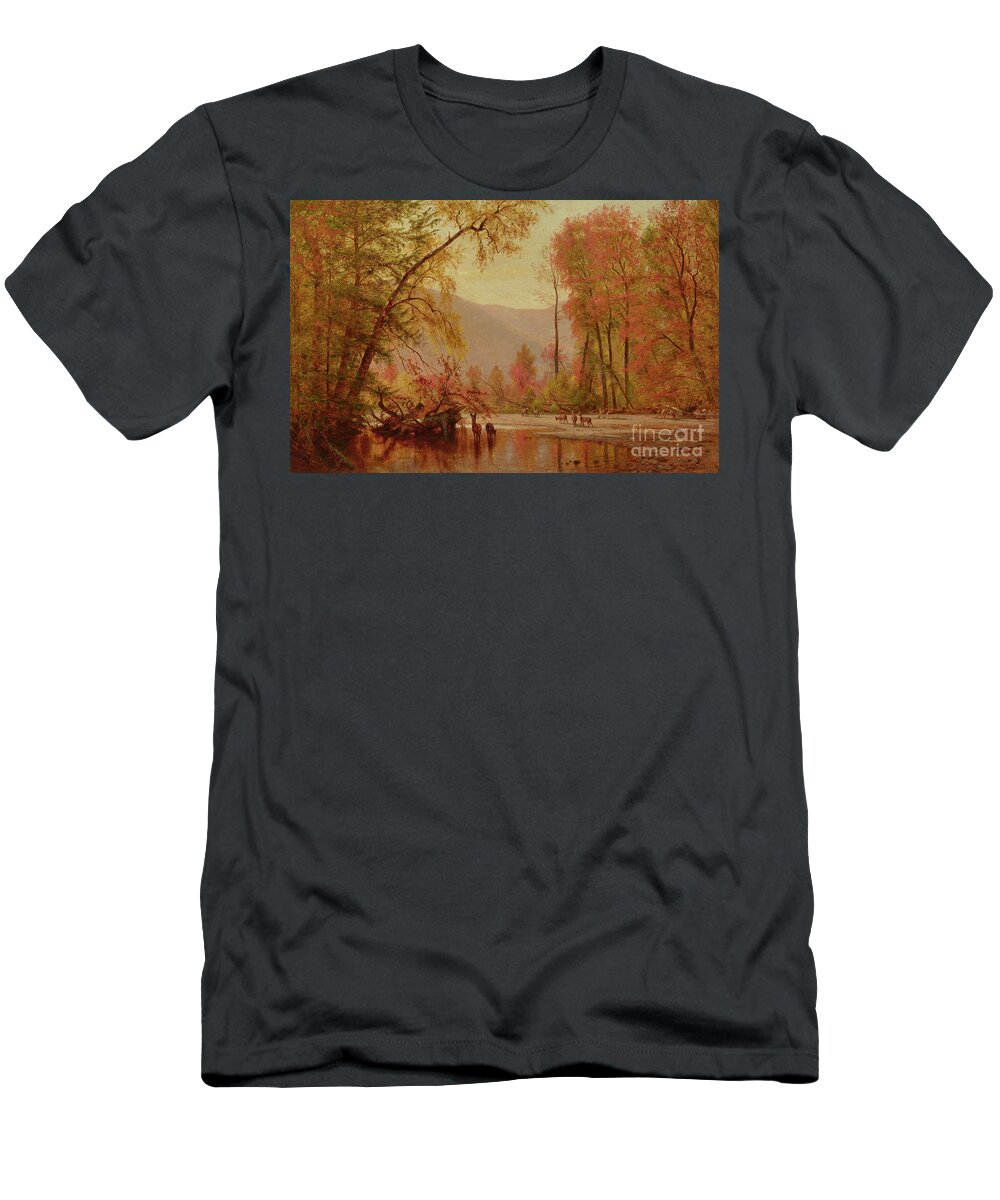 Autumn T-Shirt featuring the painting Autumn on the Delaware, 1875 by Thomas Worthington Whittredge by Thomas Worthington Whittredge