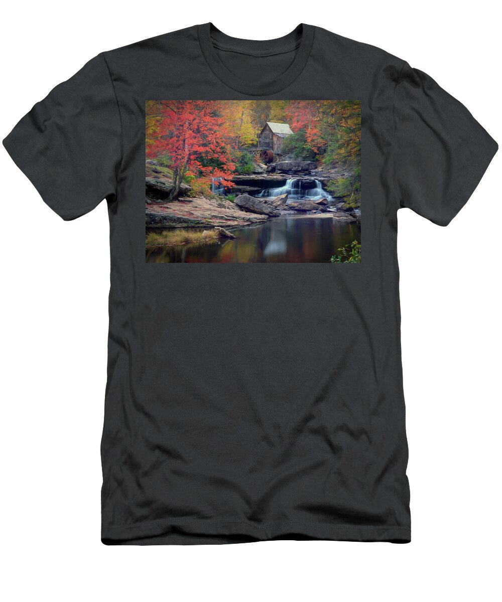 Babcock State Park T-Shirt featuring the photograph Autumn Splendor at Glade Creek Gristmill by Jaki Miller