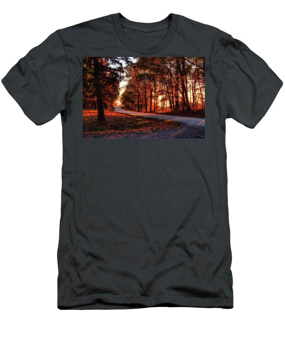 Fall T-Shirt featuring the photograph Autumn Sunset Through the Trees by Dan Carmichael
