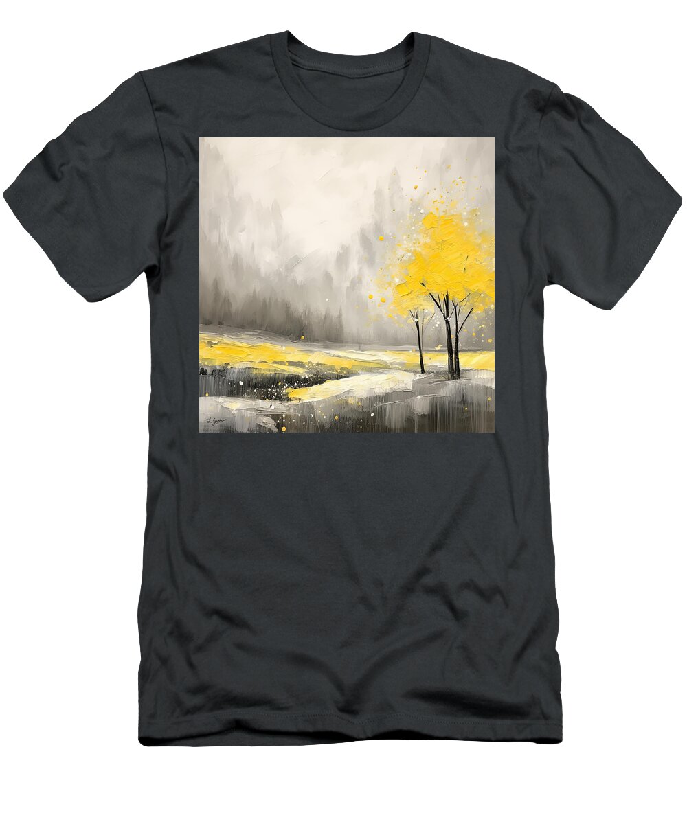 Yellow T-Shirt featuring the painting Yellow Tranquility - Hazy Autumn Watercolor Painting by Lourry Legarde