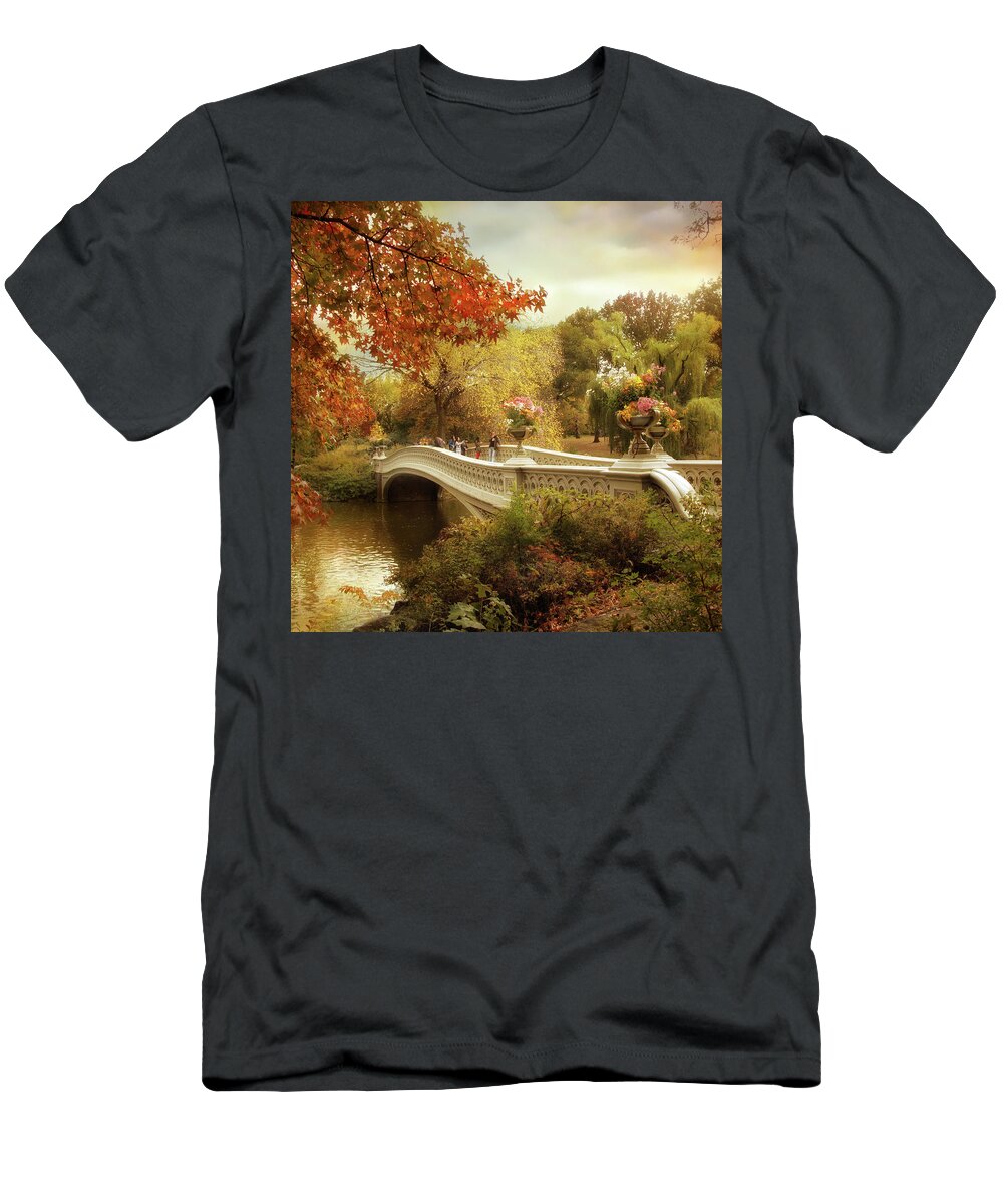 Bow Bridge T-Shirt featuring the photograph Autumn's Arrival at Bow Bridge by Jessica Jenney