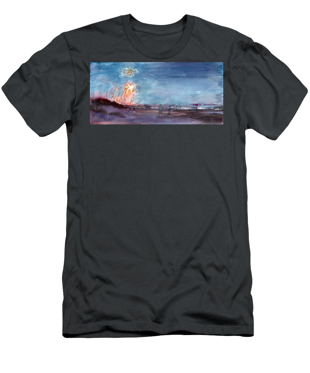Watercolor T-Shirt featuring the painting Avalon Fireworks, New Years Eve by David Dorrell