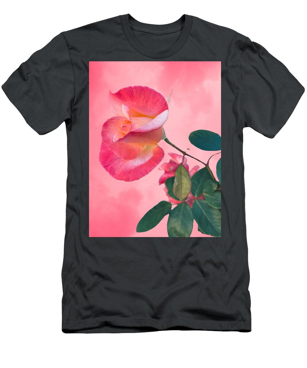 Rose Flower Pink White Green Leaves Background Watercolor T-Shirt featuring the digital art Awesome Baby Pink Rose by Kathleen Boyles