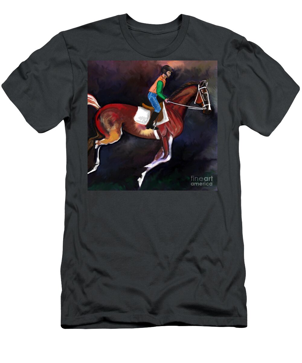 Equestrian Art T-Shirt featuring the digital art Backstretch Thoroughbred 001 by Stacey Mayer