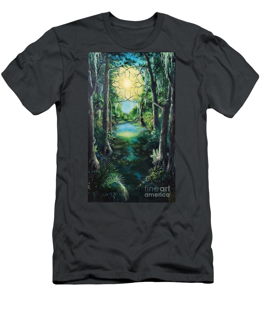 Backwater T-Shirt featuring the painting Backwater Cathedral by Merana Cadorette