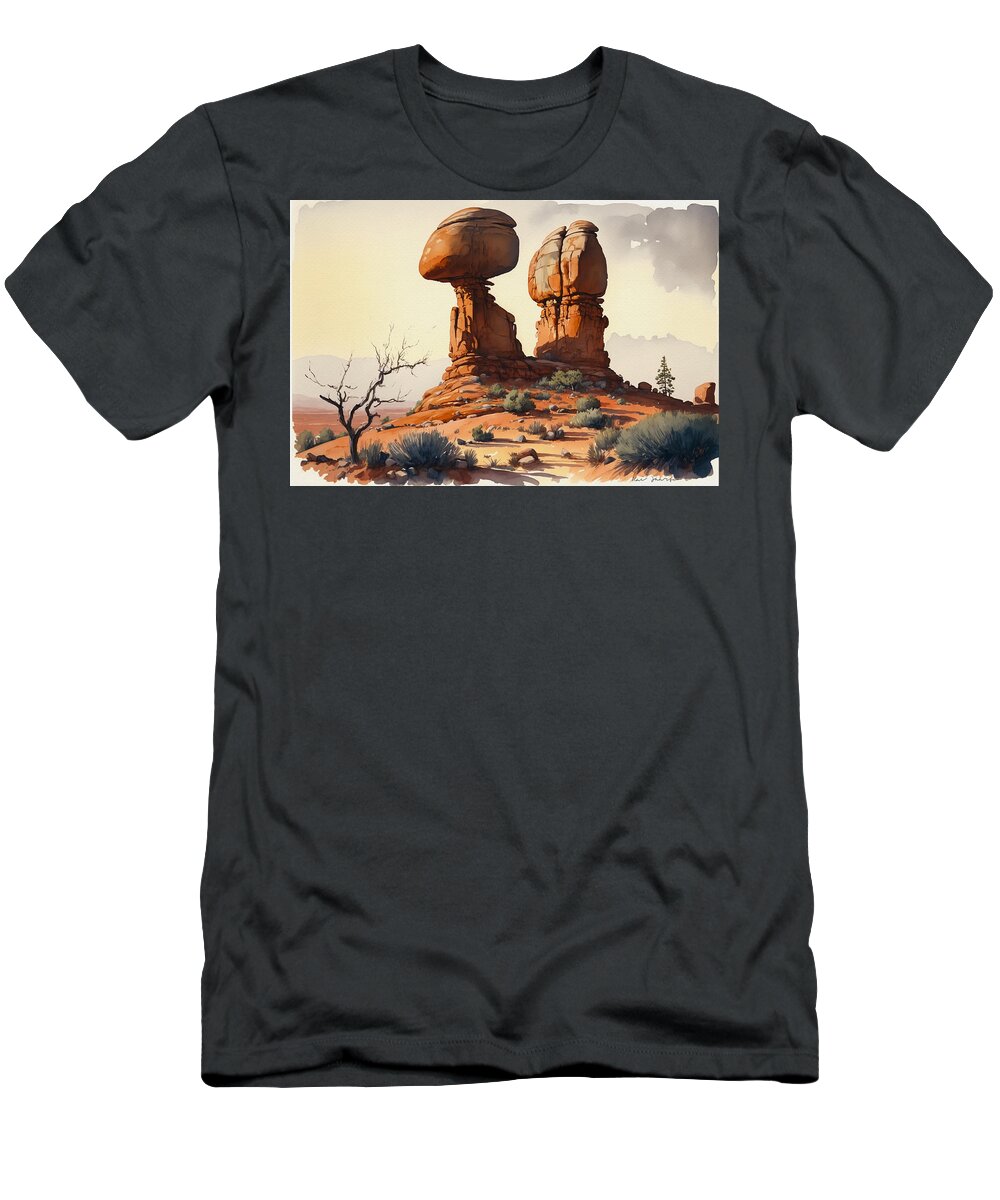 Aquarell T-Shirt featuring the painting Balanced Rock's Eternal Grace in Arches National Park by Kai Saarto