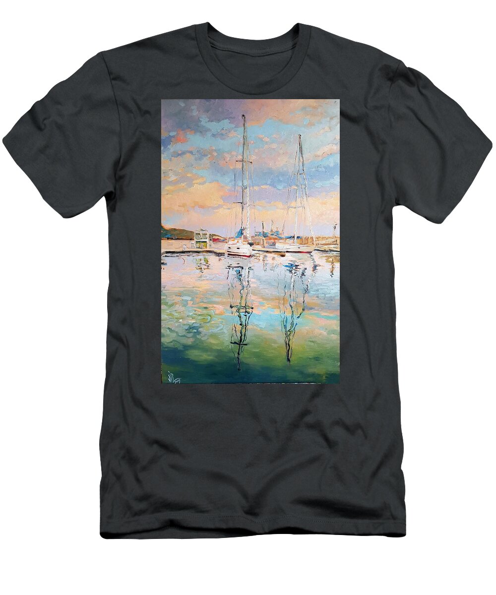 Seascape T-Shirt featuring the painting Balchik reflexion seascape oil on canvas by Vali Irina Ciobanu by Vali Irina Ciobanu