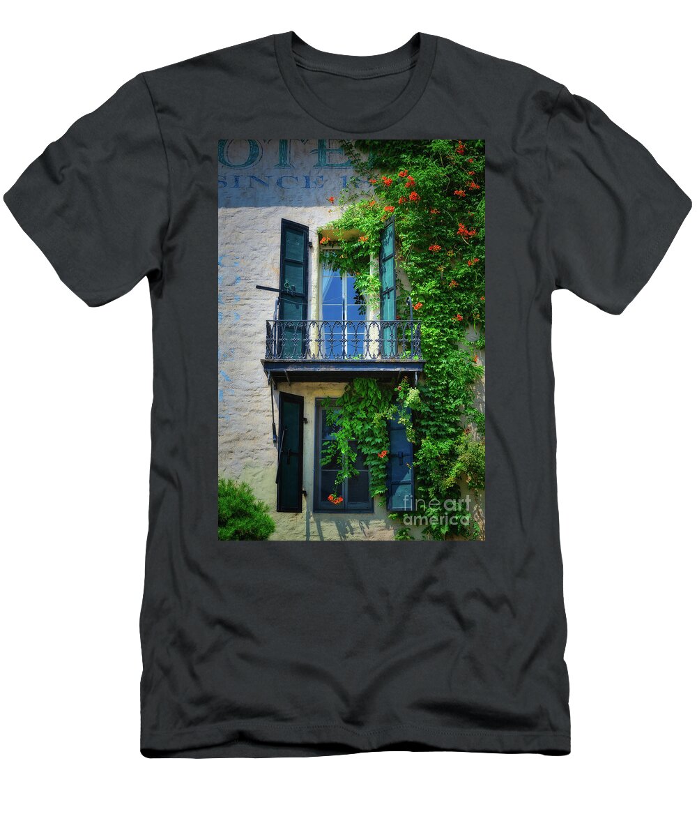 Window T-Shirt featuring the photograph Old Window Box at Murphys Historic Hotel by Abigail Diane Photography