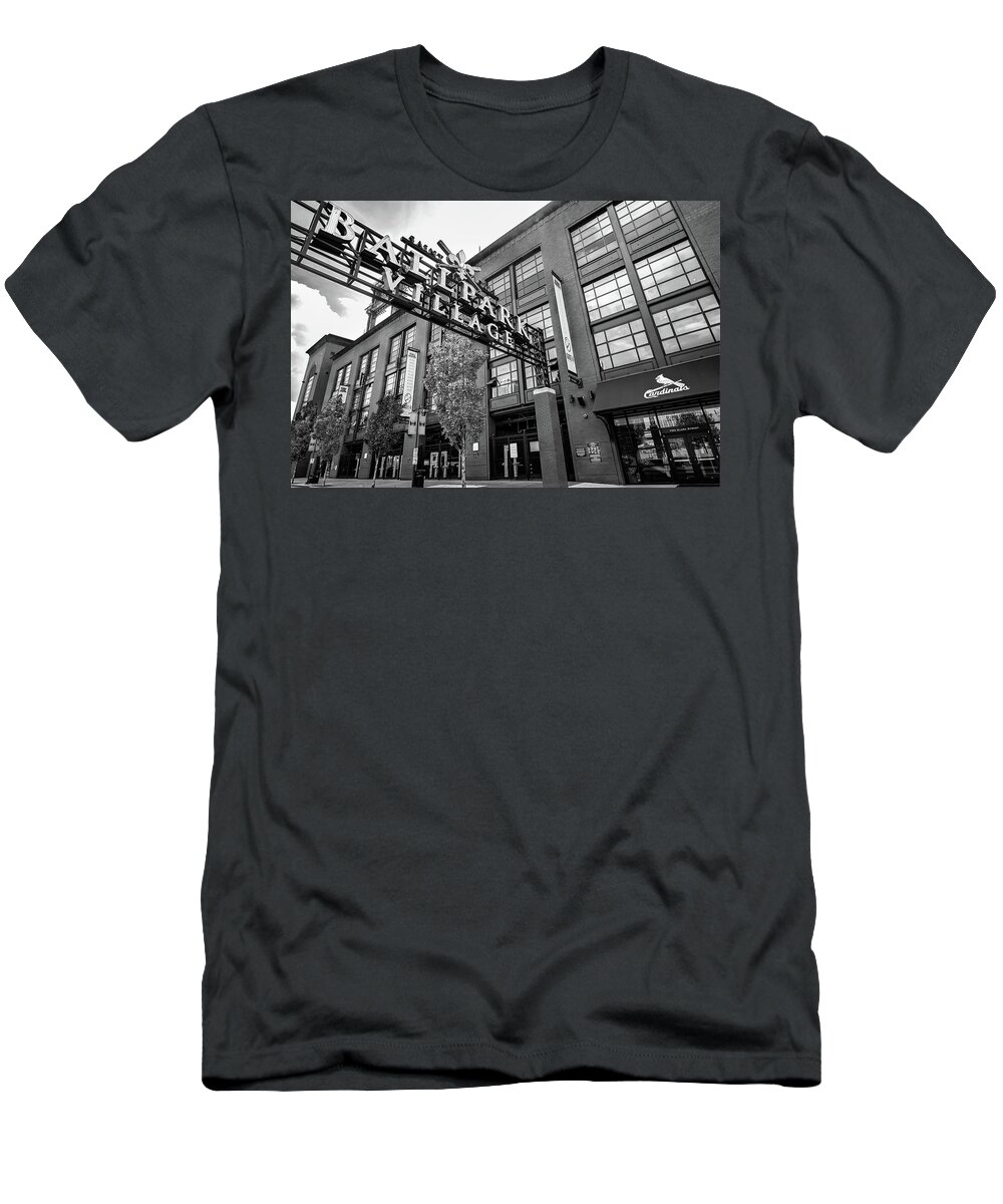 Black And White T-Shirt featuring the photograph Ballpark Village At Saint Louis Baseball Stadium - Black and White by Gregory Ballos