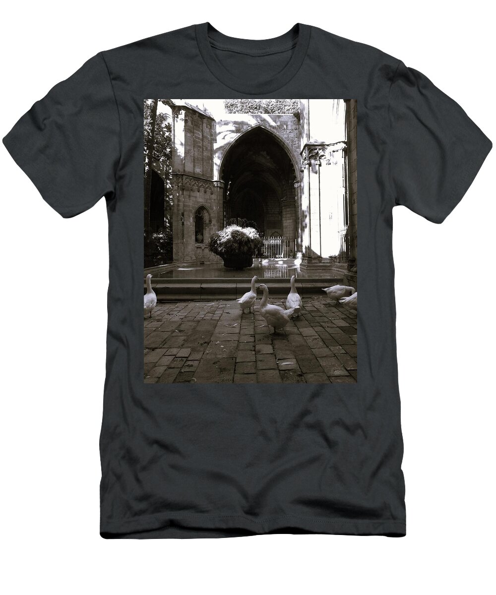 Catedral De Barcelona T-Shirt featuring the photograph Barcelona geese BW by Lisa Mutch