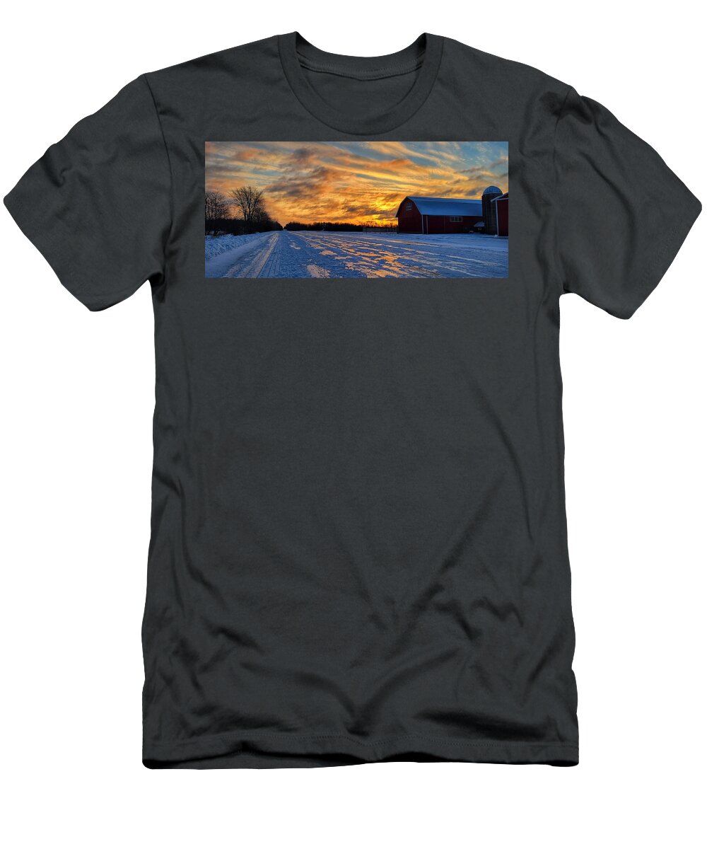 Winter T-Shirt featuring the photograph Barn Sunrise by Brook Burling