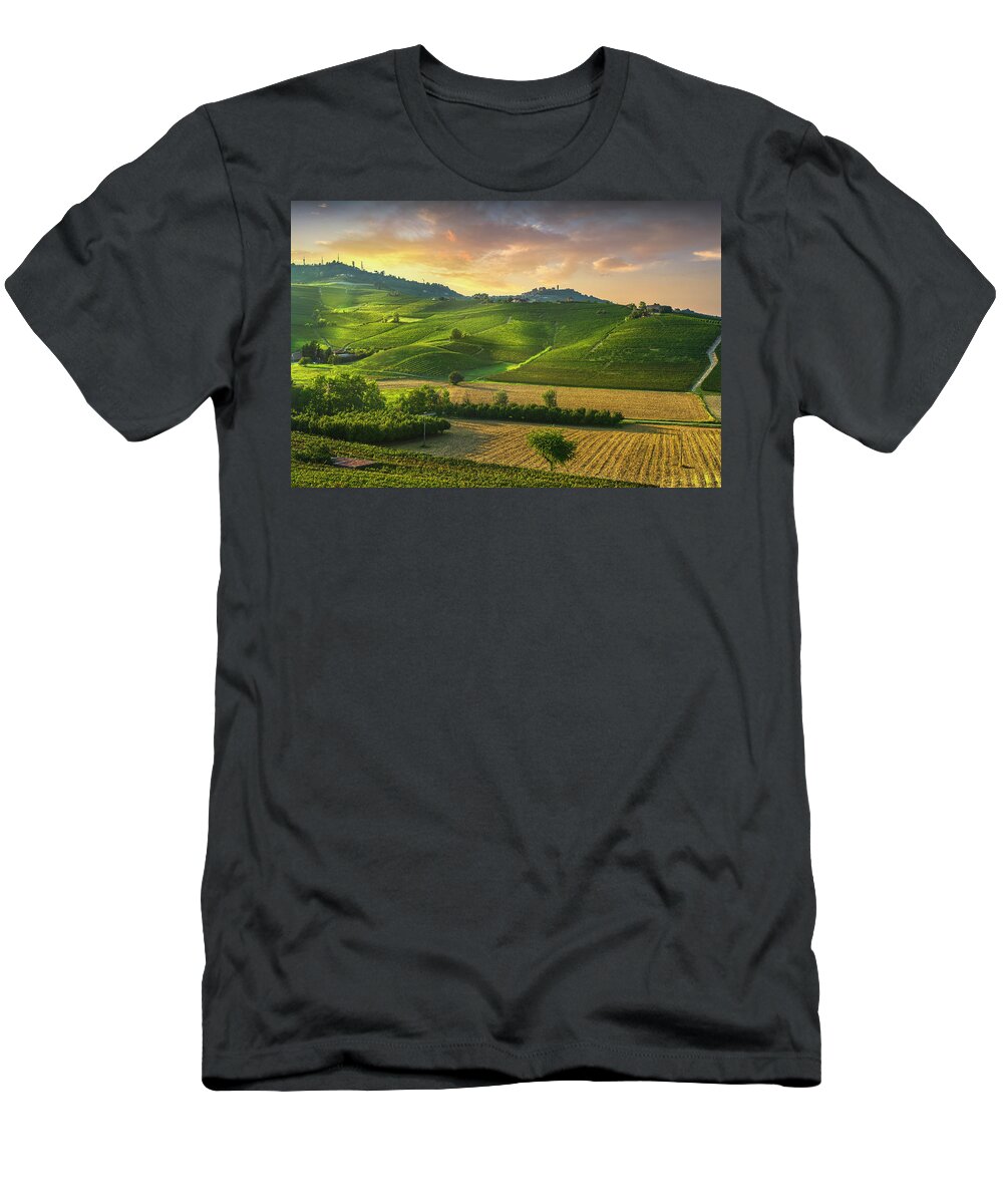 Vineyards T-Shirt featuring the photograph Barolo wine vineyards and La Morra town. Langhe, Italy by Stefano Orazzini
