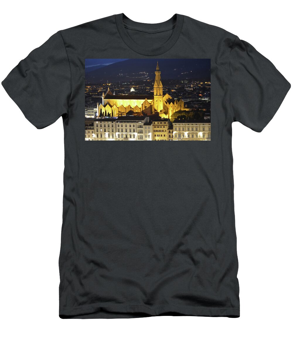 Santa Croce T-Shirt featuring the photograph Basilica of Santa Croce at Night in Florence Italy by Shawn O'Brien