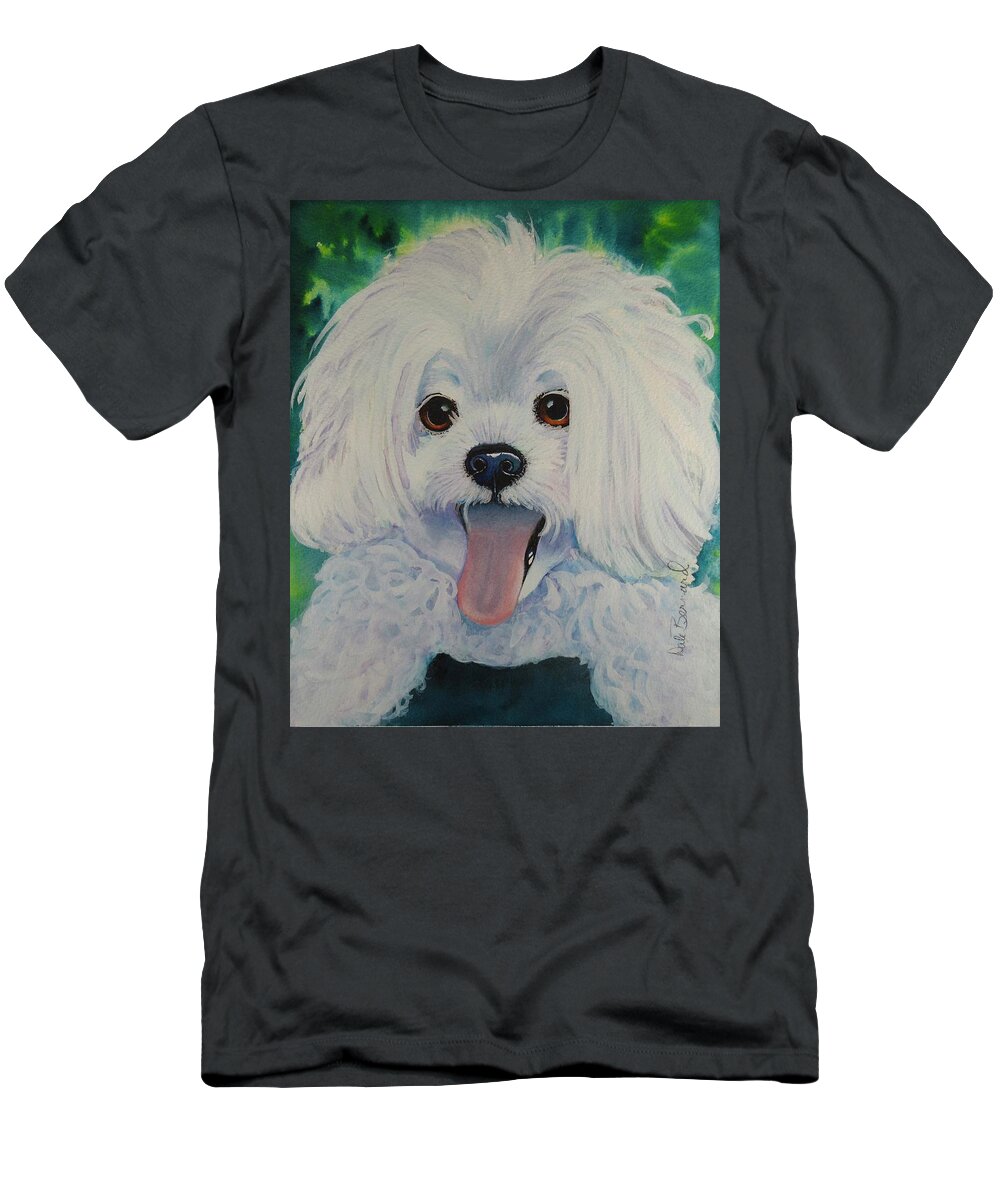 Little White Dog Peekapoo Toy Dog Bichon Frise Poodle Small Dog Corkscrew Curls Canine Lap Dog Little Dog Puppy Watercolor Pet Animal White Dog Toy Poodle Purebred Purebred Dog T-Shirt featuring the painting Baxter by Dale Bernard