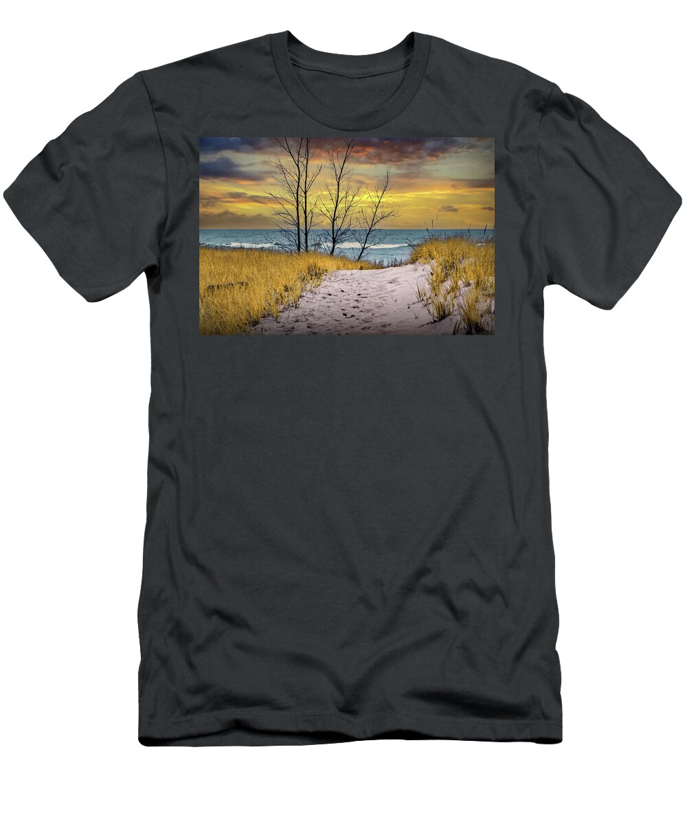 Art T-Shirt featuring the photograph Beach on Lake Michigan at Sunset by Holland Michigan with Dune G by Randall Nyhof