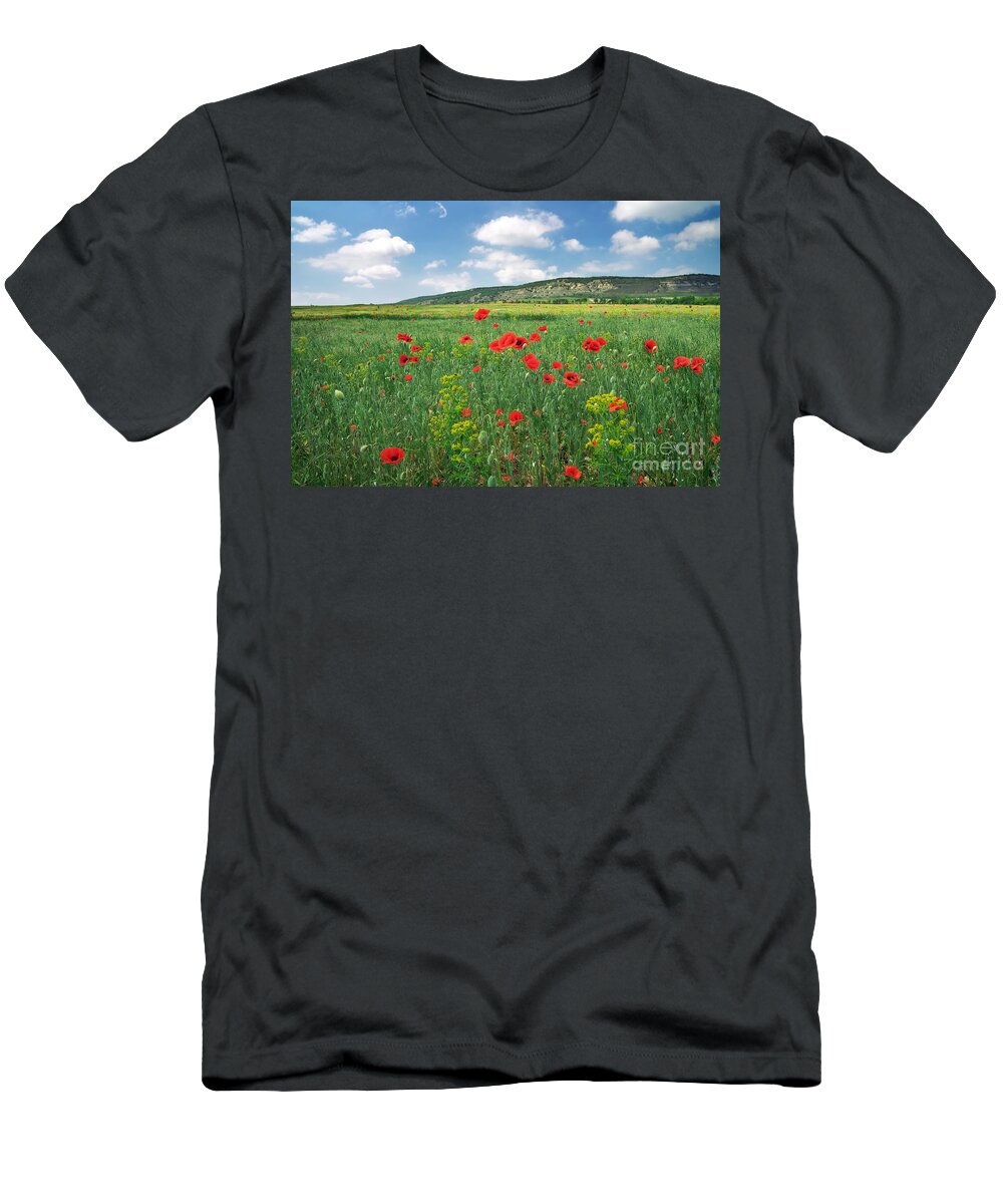Background T-Shirt featuring the photograph Beautiful Landscape. Field with red poppies. by Boon Mee