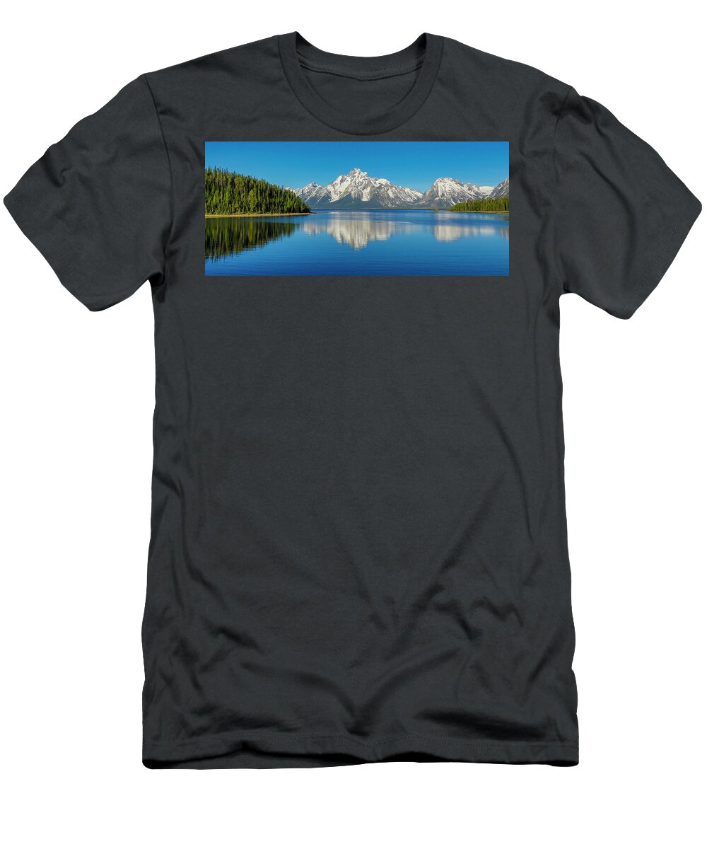 Grand Teton Reflection Panorama T-Shirt featuring the photograph Beautiful Mountain Reflection Grand Teton National Park by Dan Sproul