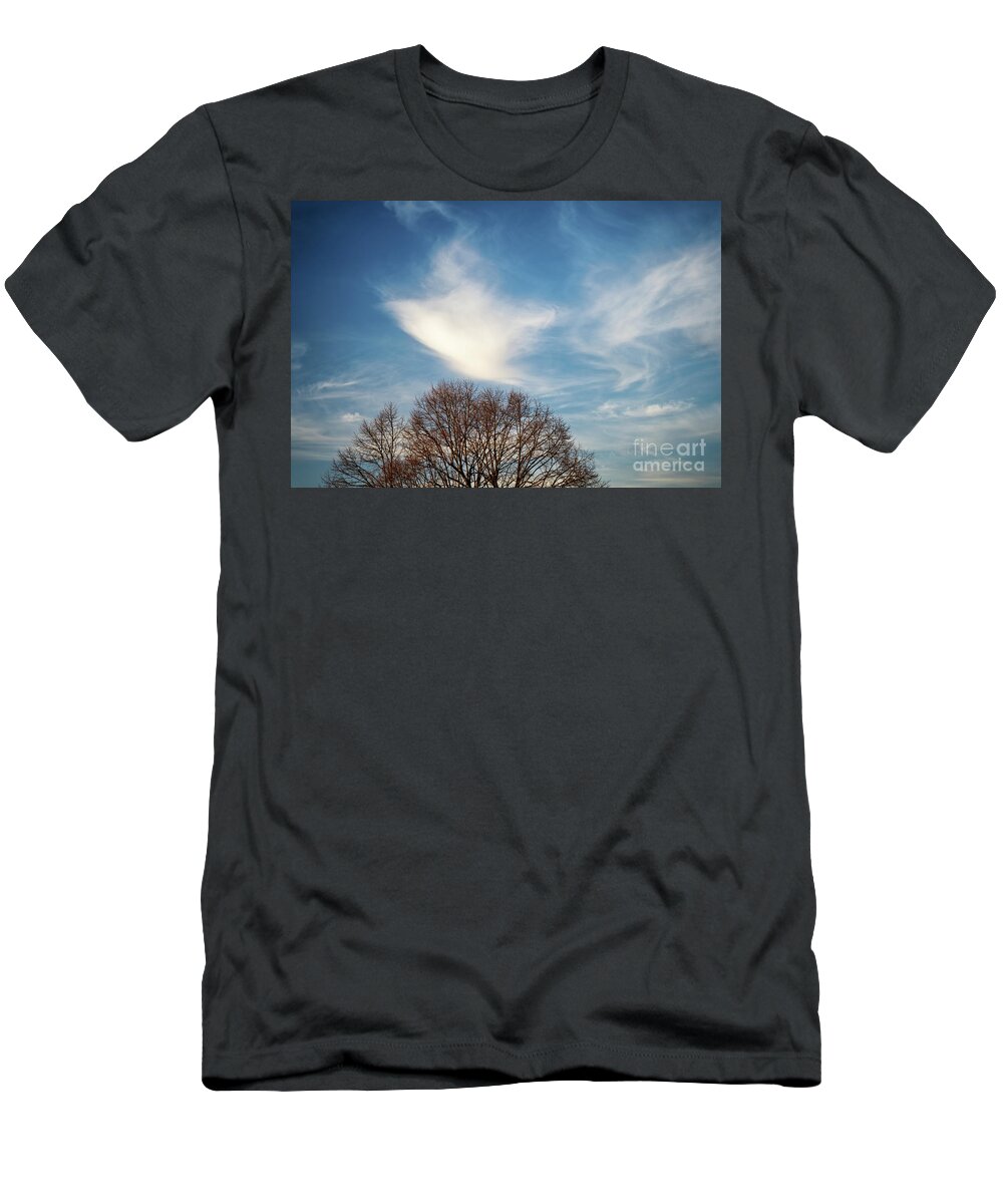 Sky T-Shirt featuring the photograph Beautiful swirls of clouds on a blue sky above trees by Mendelex Photography