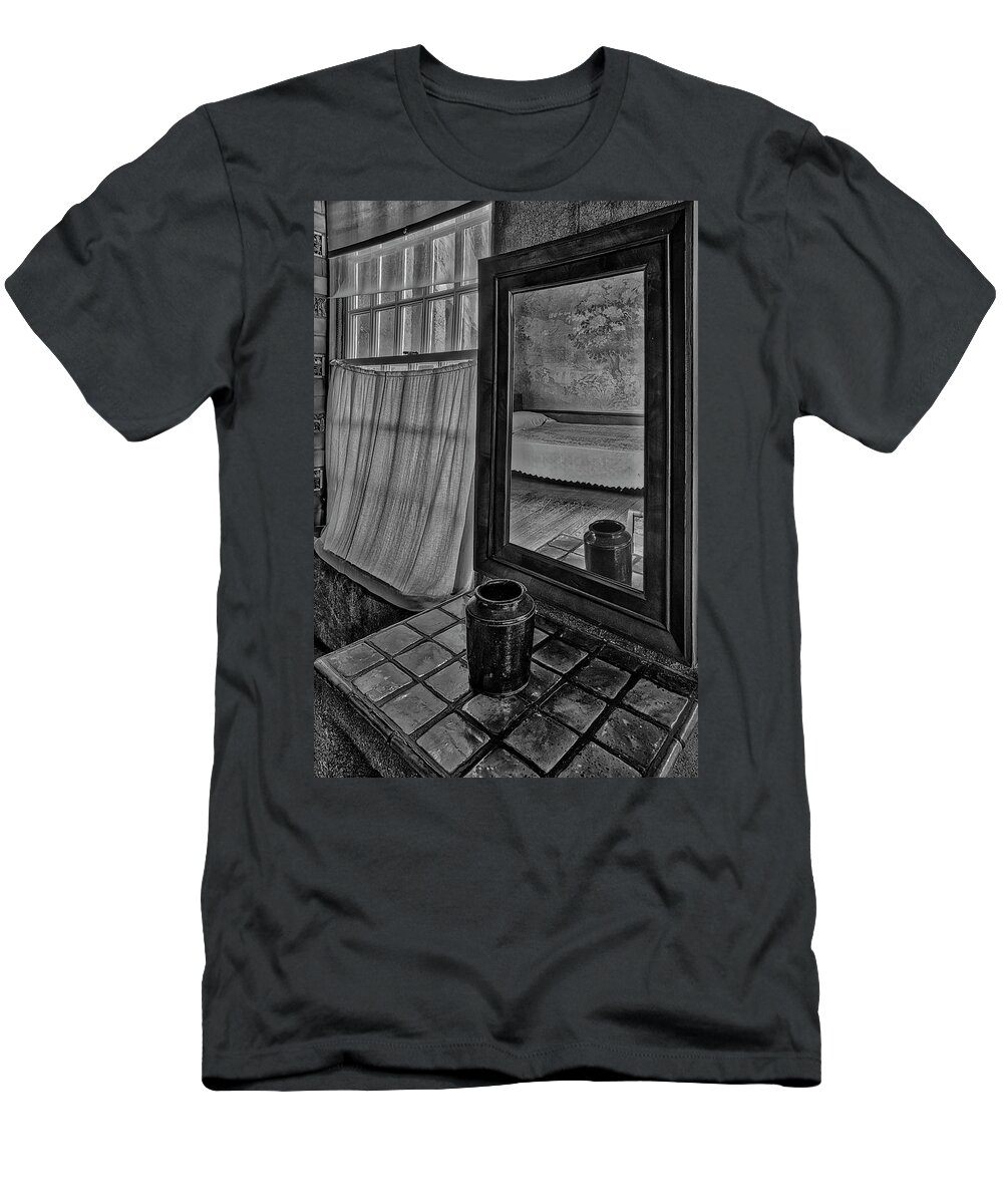 Bed T-Shirt featuring the photograph Bedroom Reflections BW by Susan Candelario