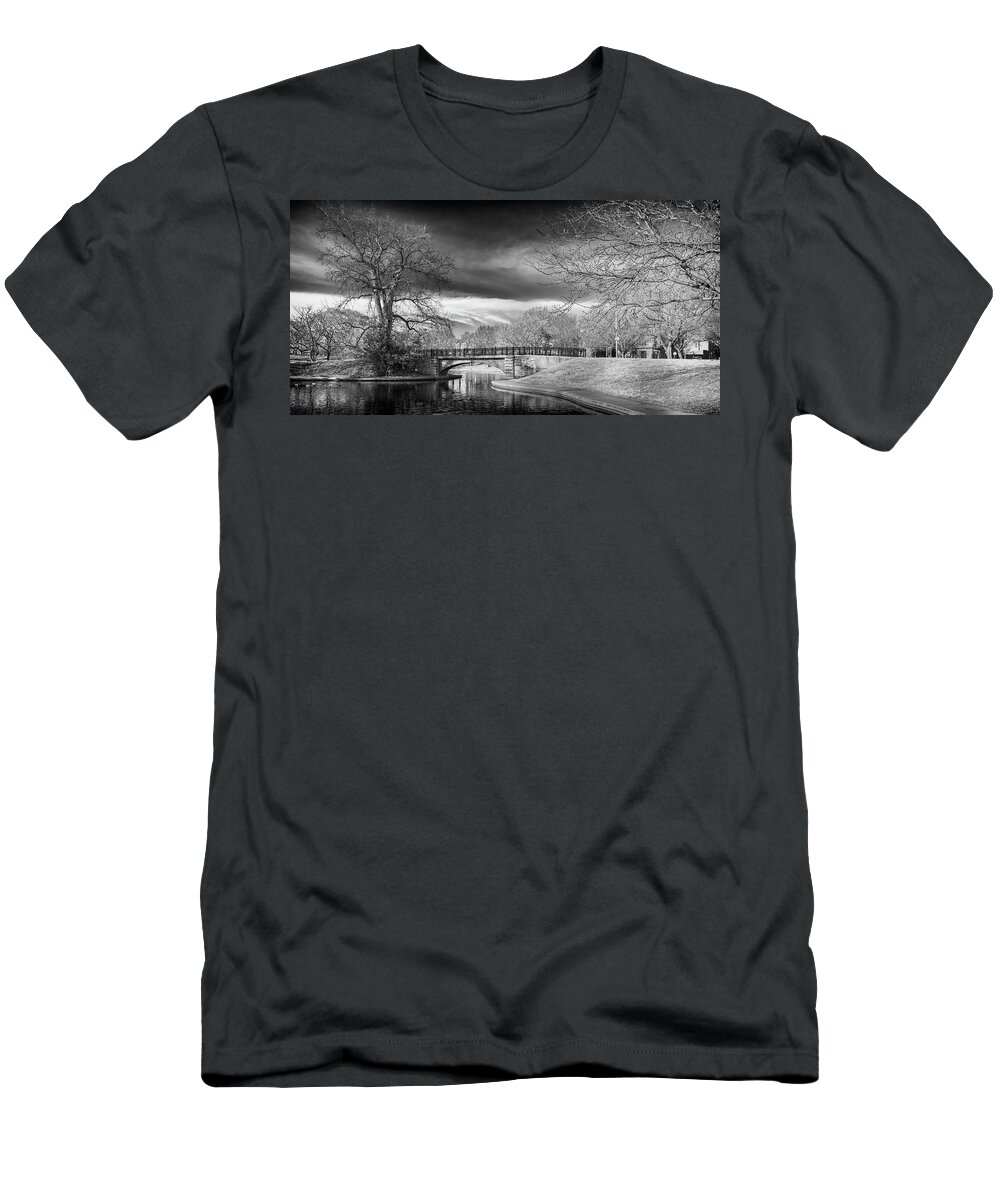Benton Park T-Shirt featuring the photograph Benton Park Lake and Bridge St Louis BnW GRK8172_12102019-1x2 by Greg Kluempers