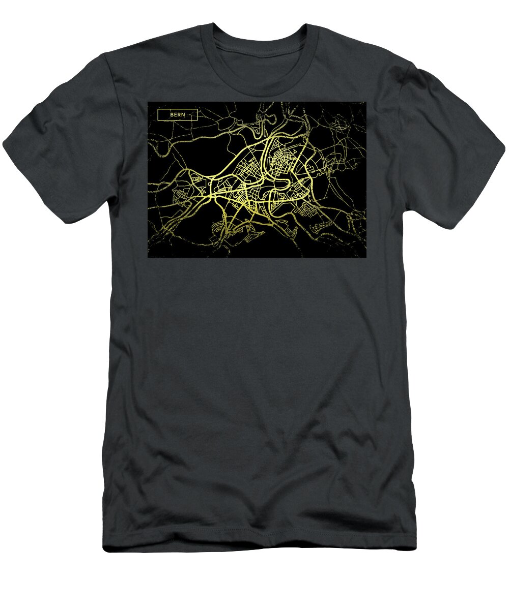 Map T-Shirt featuring the digital art Bern Map in Gold and Black by Sambel Pedes