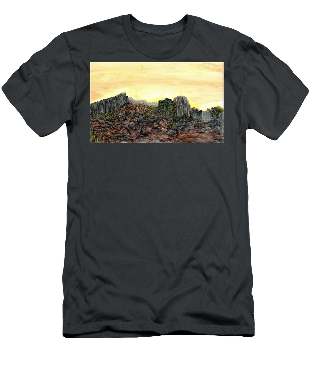 Rock T-Shirt featuring the painting Between a rock and an arroyo by Angela Marinari