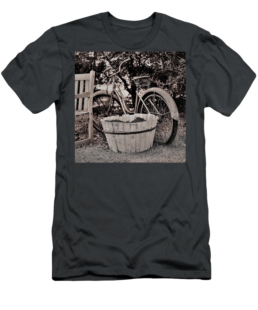 Bicycle Bench B&w T-Shirt featuring the photograph Bicycle Bench2 by John Linnemeyer