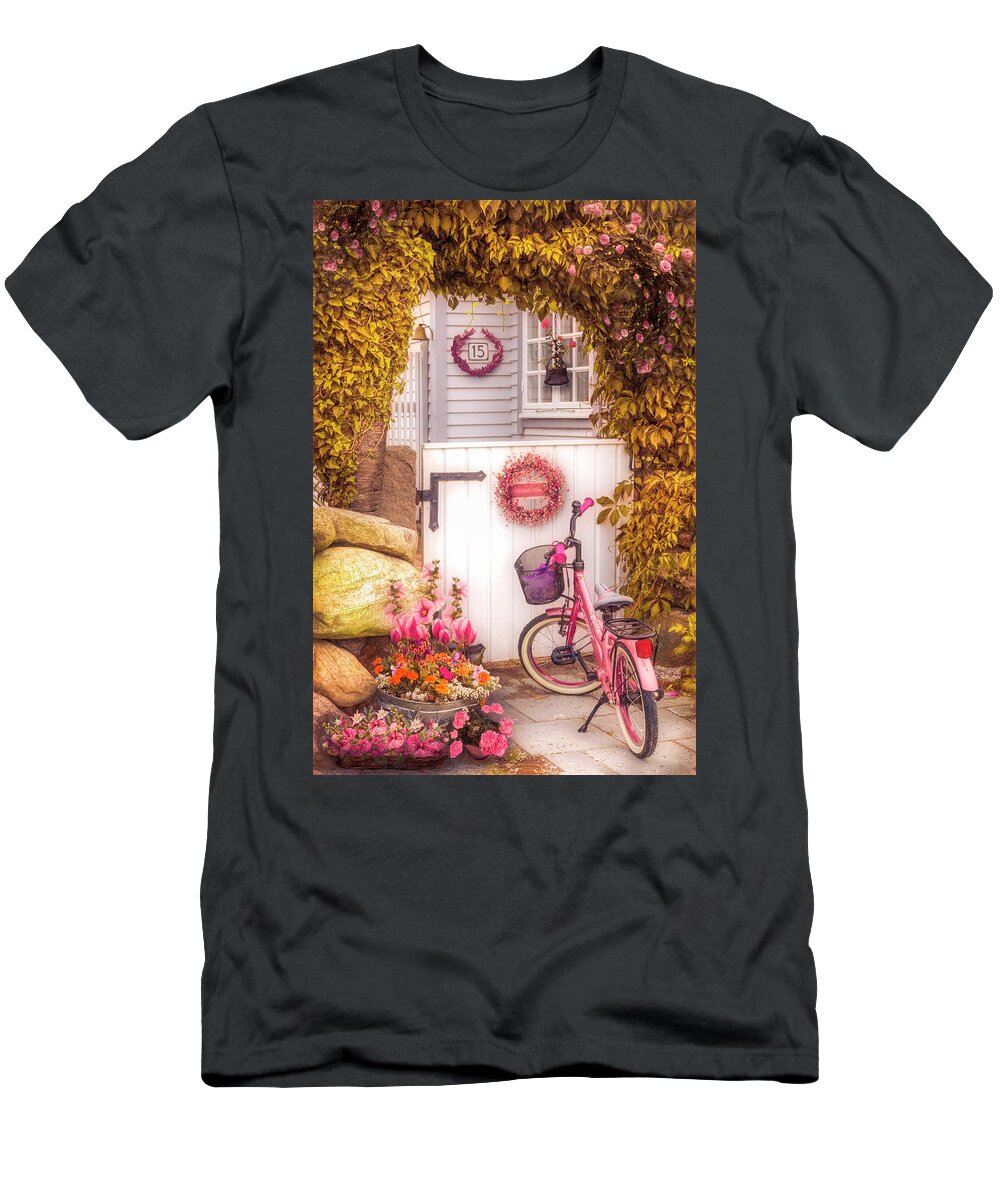 Spring T-Shirt featuring the photograph Bicycle Waiting at the Garden Gate in the Early Evening by Debra and Dave Vanderlaan
