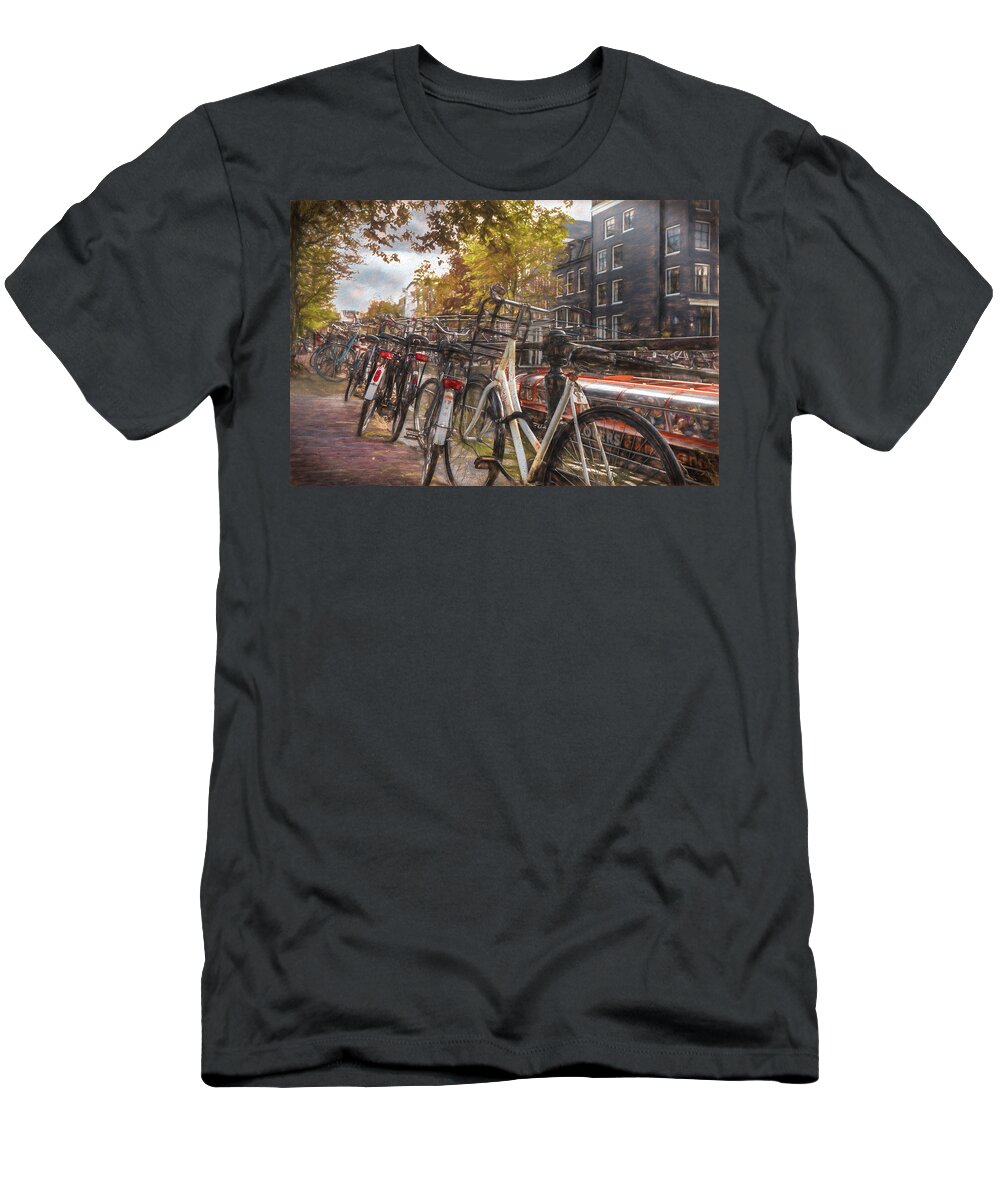 Boats T-Shirt featuring the photograph Bicycles of Every Color in Amsterdam Painting by Debra and Dave Vanderlaan