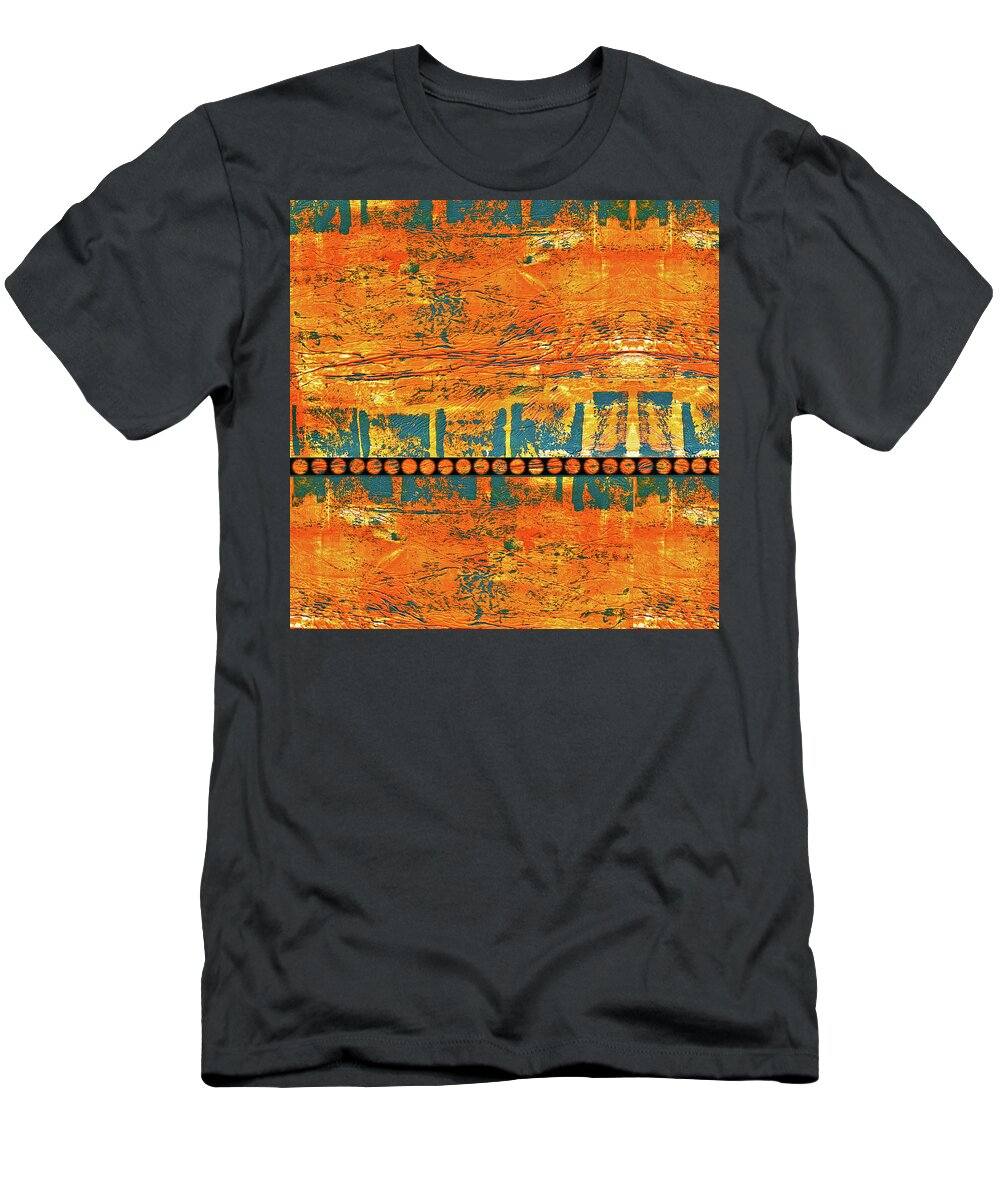 Square Art T-Shirt featuring the mixed media Big Square Abstract Orange and Teal by Lorena Cassady