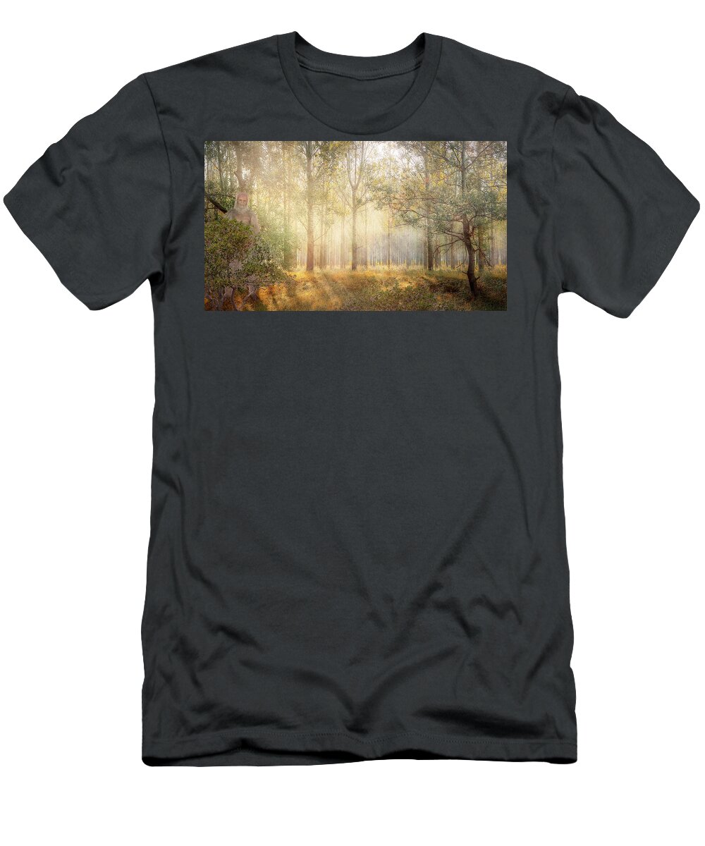 Bigfoot T-Shirt featuring the mixed media Bigfoot Hiding by Ally White