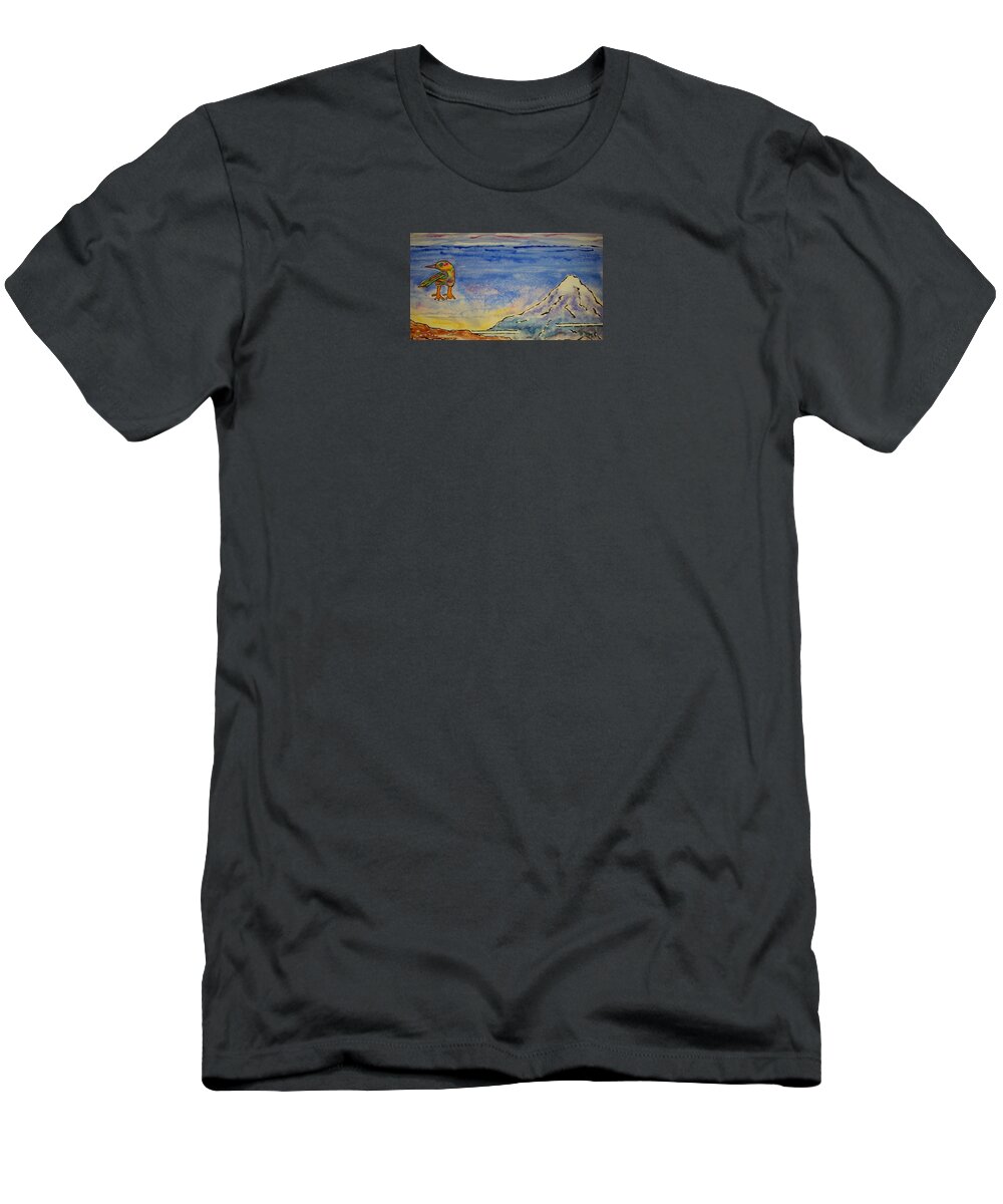 Watercolor T-Shirt featuring the painting Bird and Mountain by John Klobucher