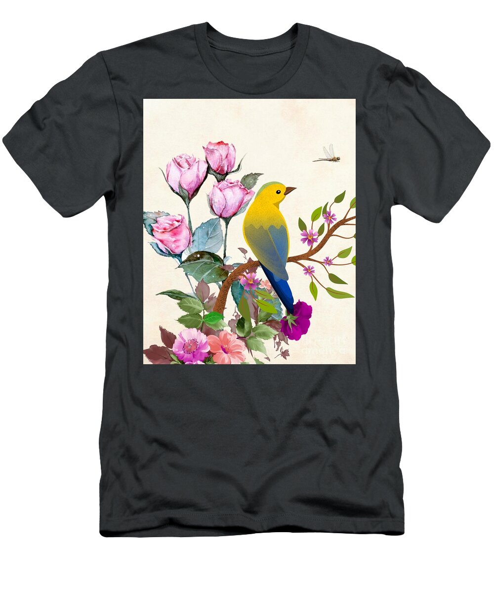 Floral T-Shirt featuring the digital art Bird watch by Hank Gray