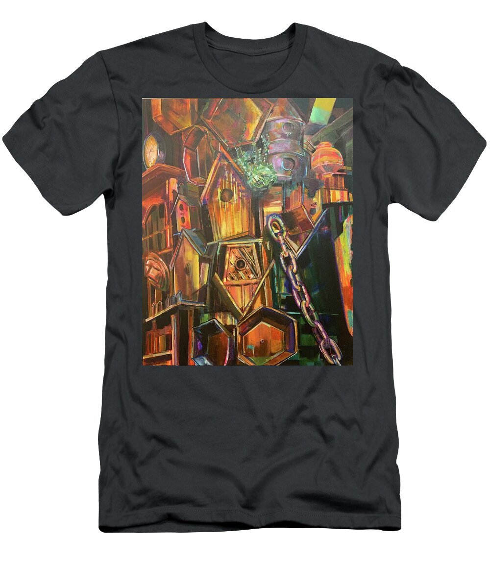 Clocks T-Shirt featuring the painting Birdhouse by Try Cheatham