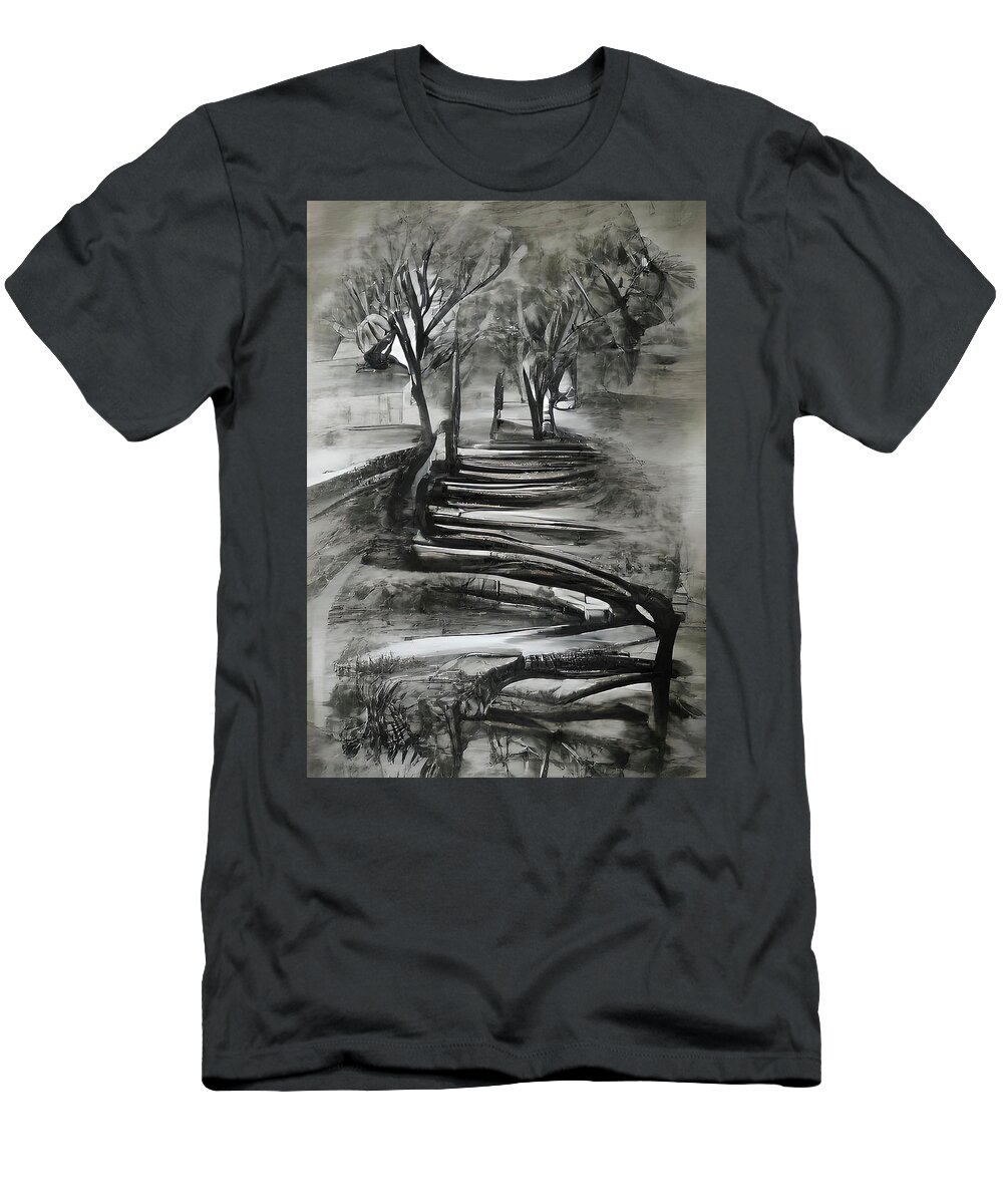 Landscape T-Shirt featuring the painting Black and White Landscape 02 by AM FineArtPrints
