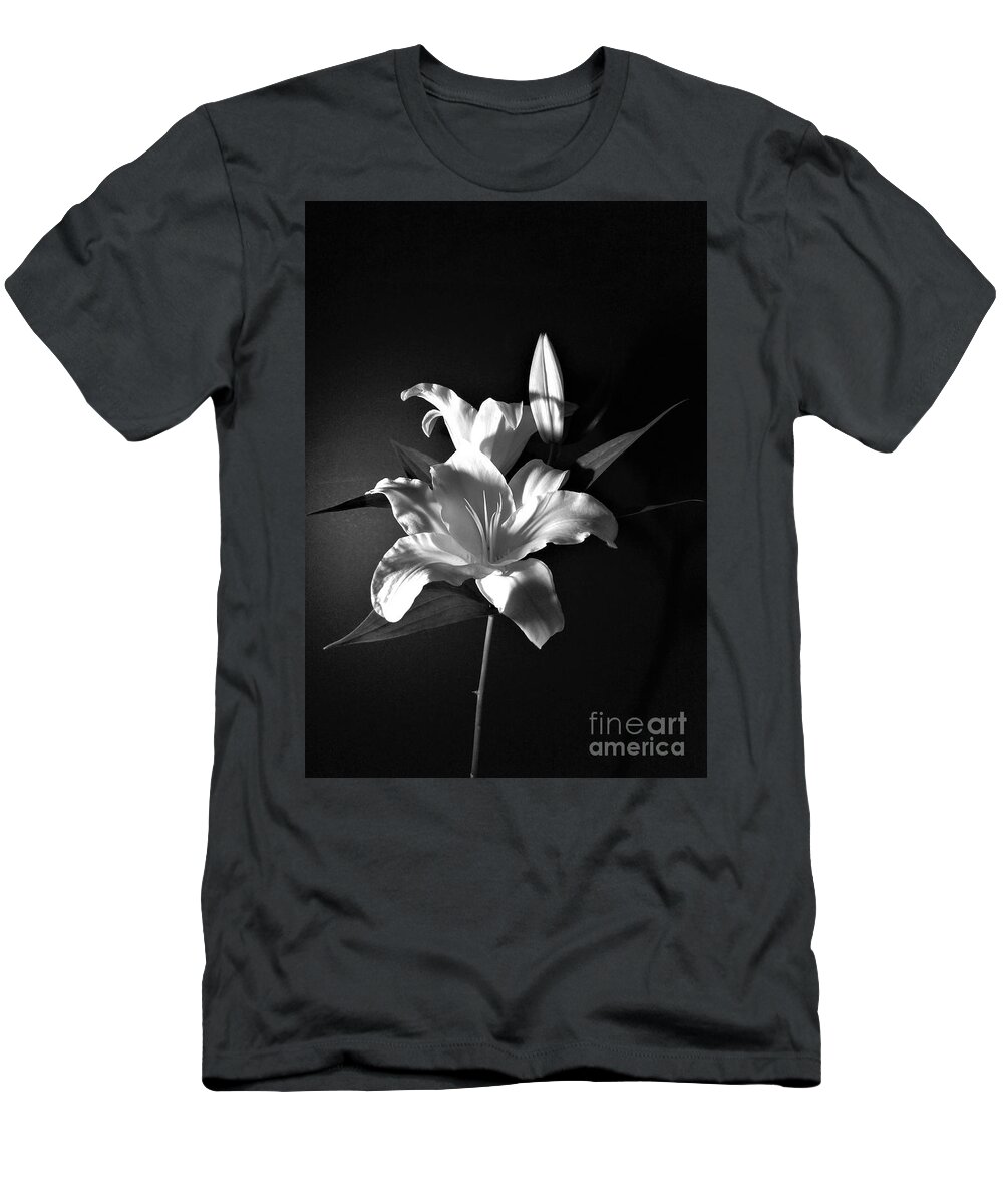 Black And White T-Shirt featuring the photograph Black and White Lily Flower for Home Decor Wall Prints by Delynn Addams