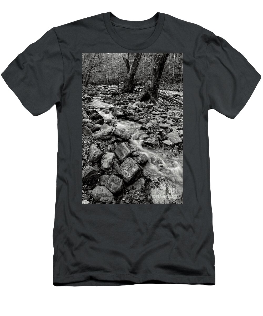 Smoky Mountains T-Shirt featuring the photograph Black and White Little River 3 by Phil Perkins