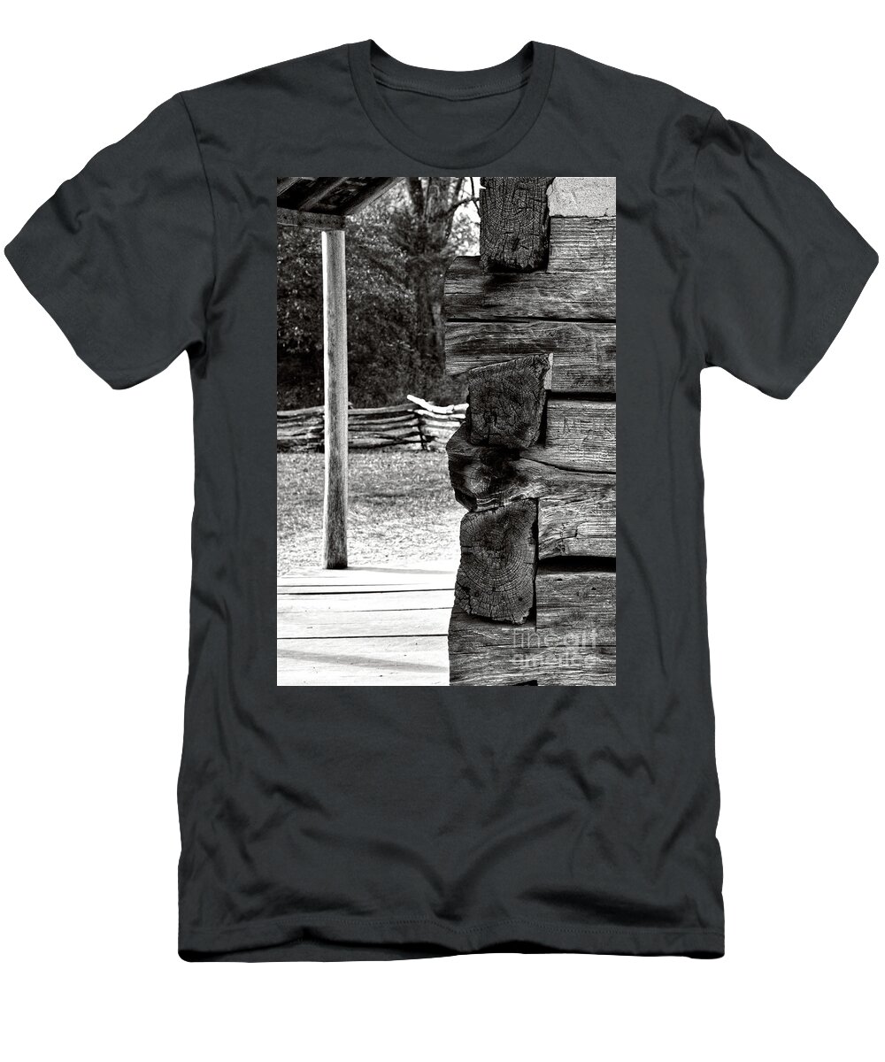 Monotone T-Shirt featuring the photograph Black And White Log Cabin 2 by Phil Perkins
