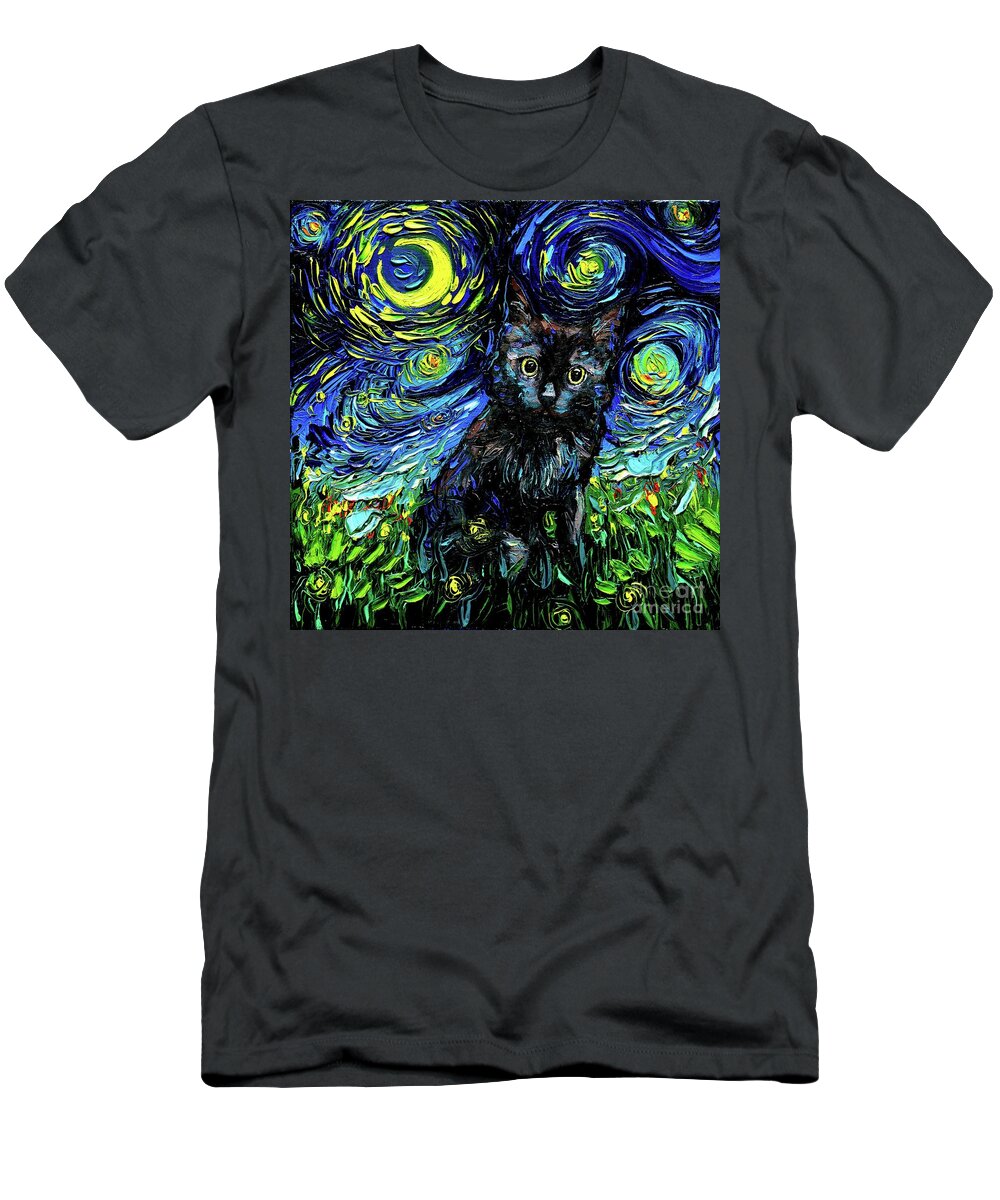 Black Cat Night 3 T-Shirt featuring the painting Black Cat Night 3 by Aja Trier