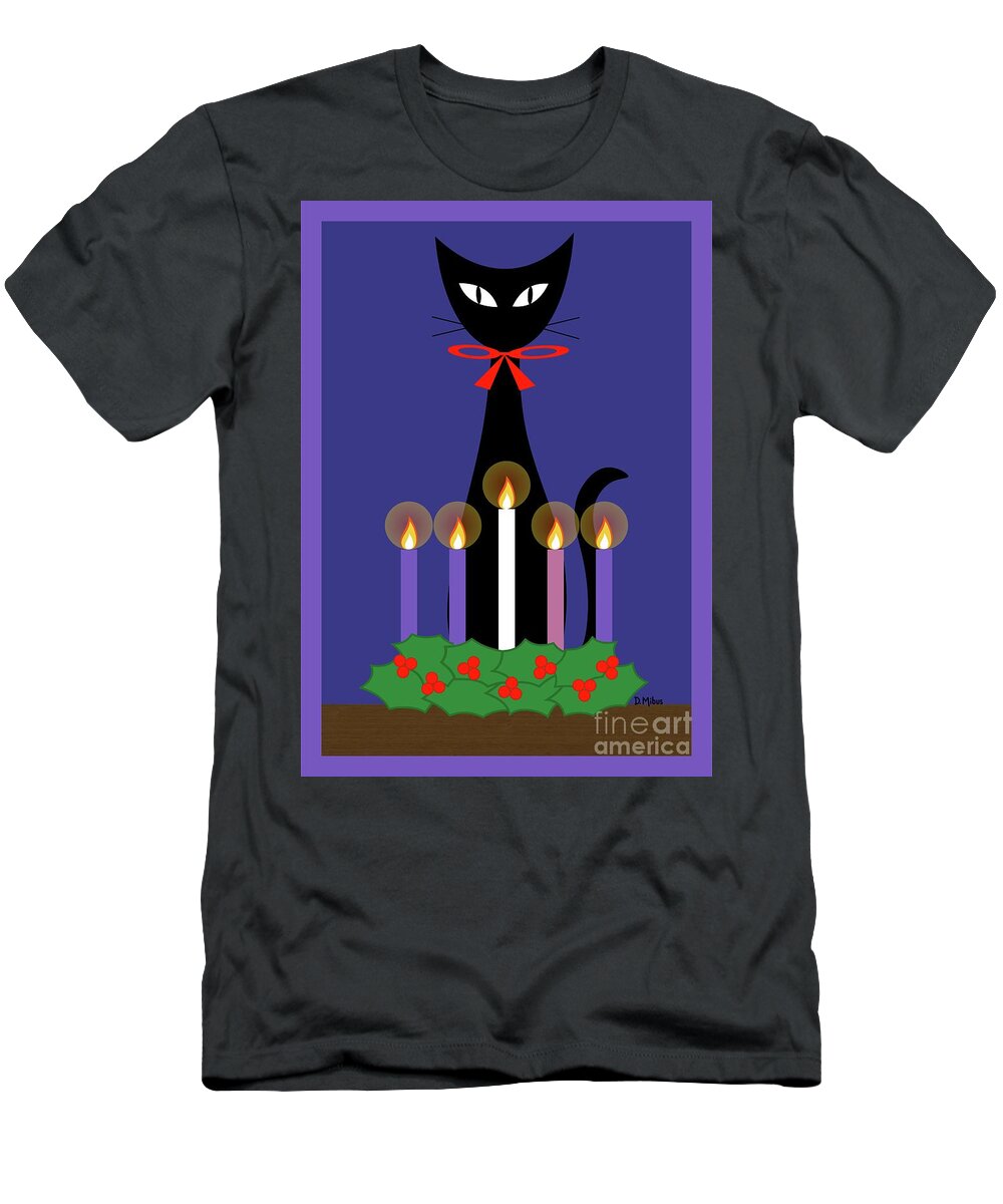 Christmas T-Shirt featuring the digital art Black Cat with Christmas Advent Wreath by Donna Mibus