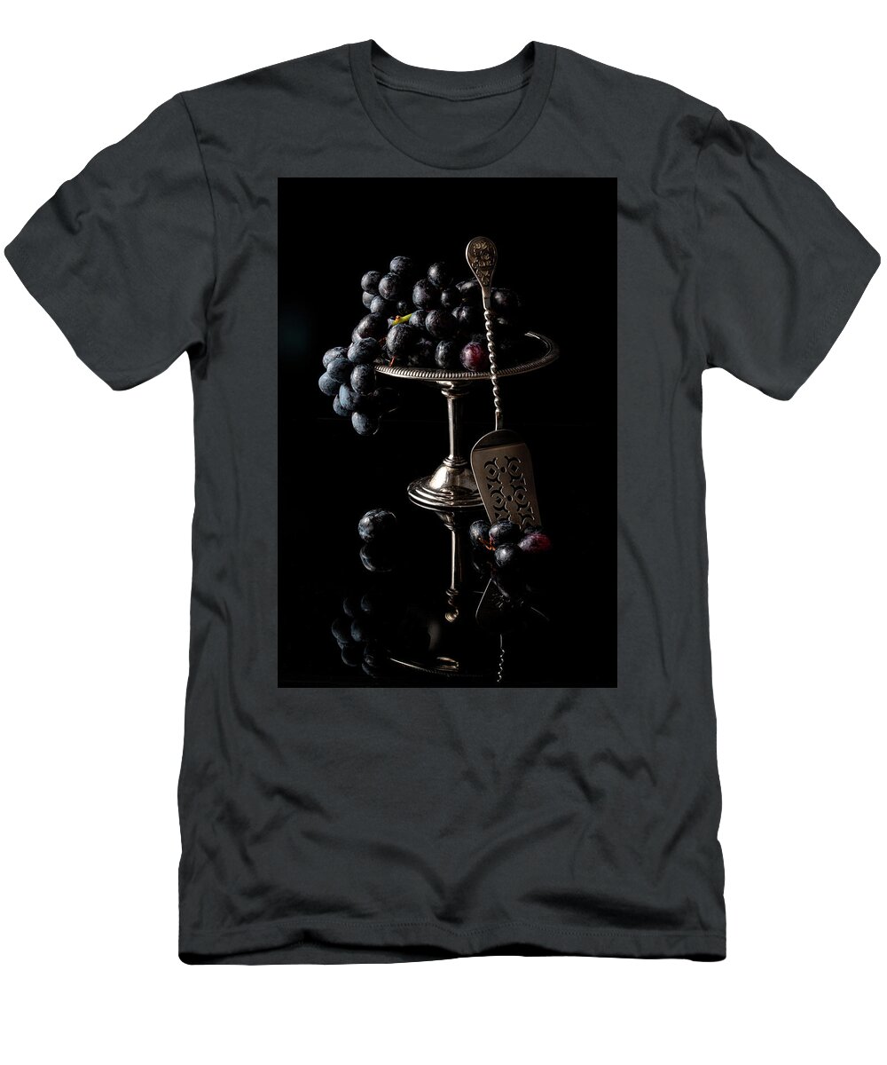 Still Life T-Shirt featuring the photograph Black Grapes Still Life Art Photo by Lily Malor