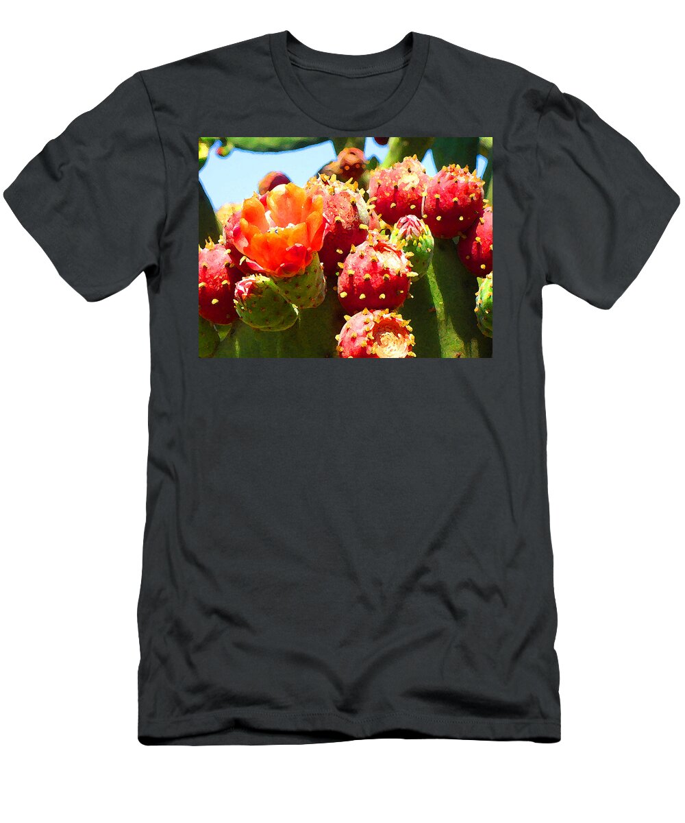 Succulent T-Shirt featuring the painting Blooming cactus Close-Up by Amy Vangsgard