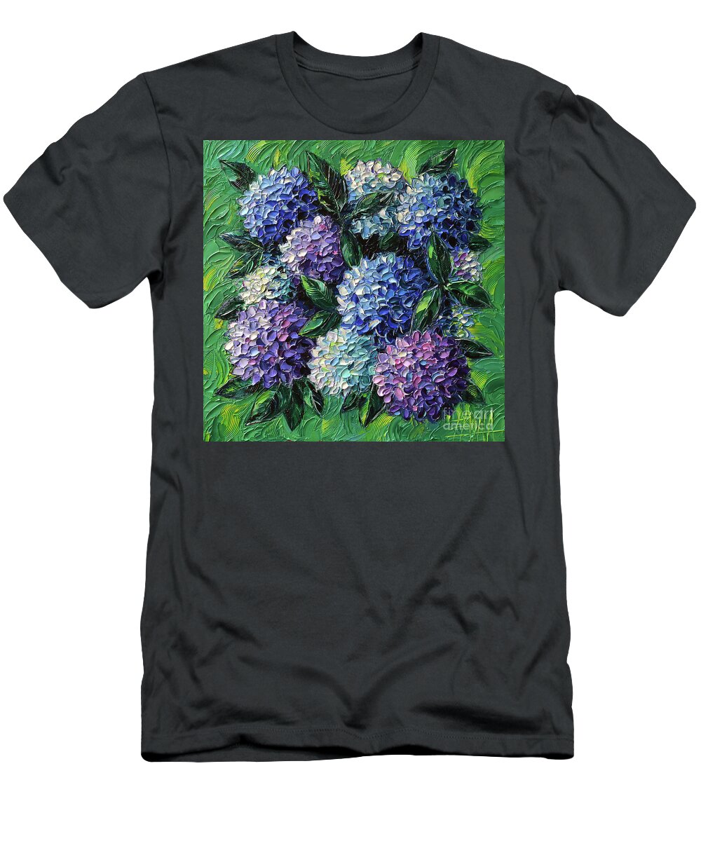Hydrangeas T-Shirt featuring the painting Blue And Purple Hydrangeas by Mona Edulesco