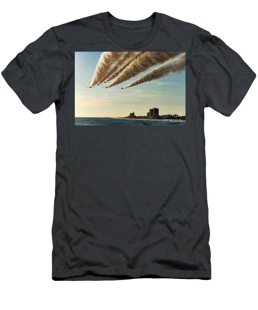 Blue Angels T-Shirt featuring the photograph Blue Angels over Pensacola Beach, Florida Pier by Beachtown Views