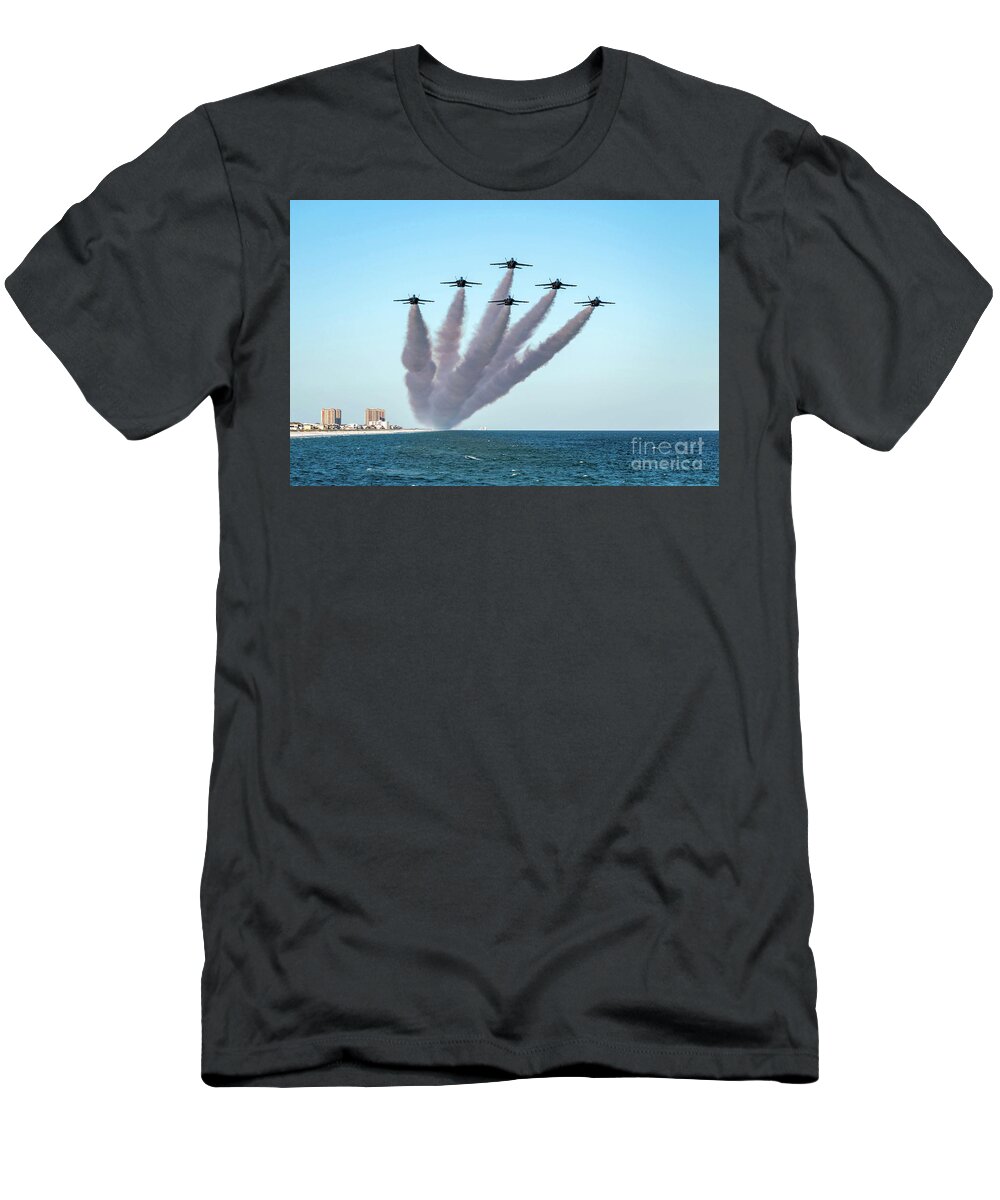 Blue T-Shirt featuring the photograph Blue Angels Pensacola Beach Fishing Pier Flyover by Beachtown Views