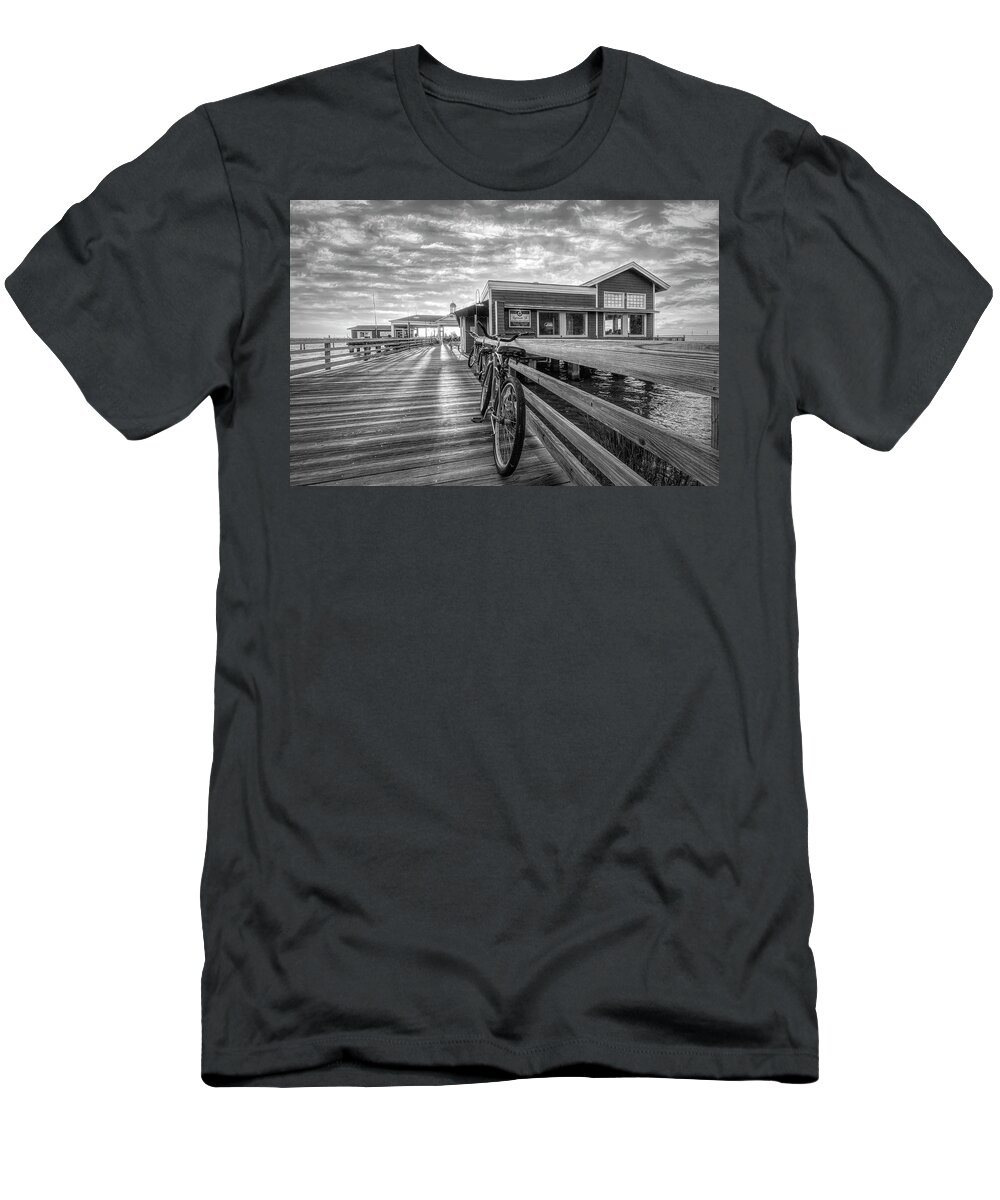 Clouds T-Shirt featuring the photograph Blue Bicycles on the Jekyll Island Boardwalk Pier Black and Whit by Debra and Dave Vanderlaan